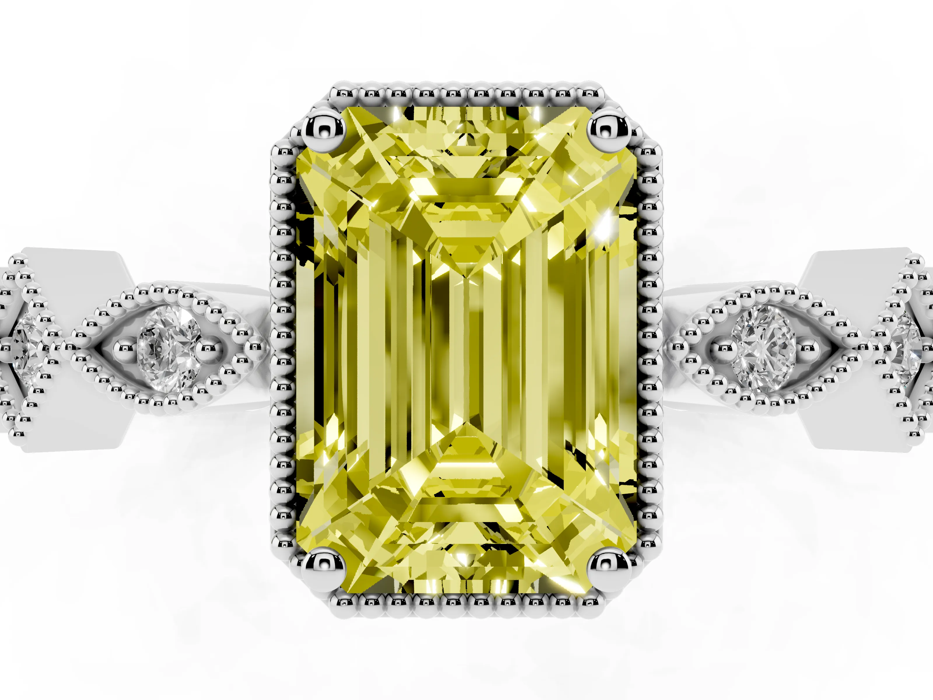 Fancy Yellow Emerald Cut Diamond Milgrain Marquise Twist Band Ring Set in Silver with Prong Setting