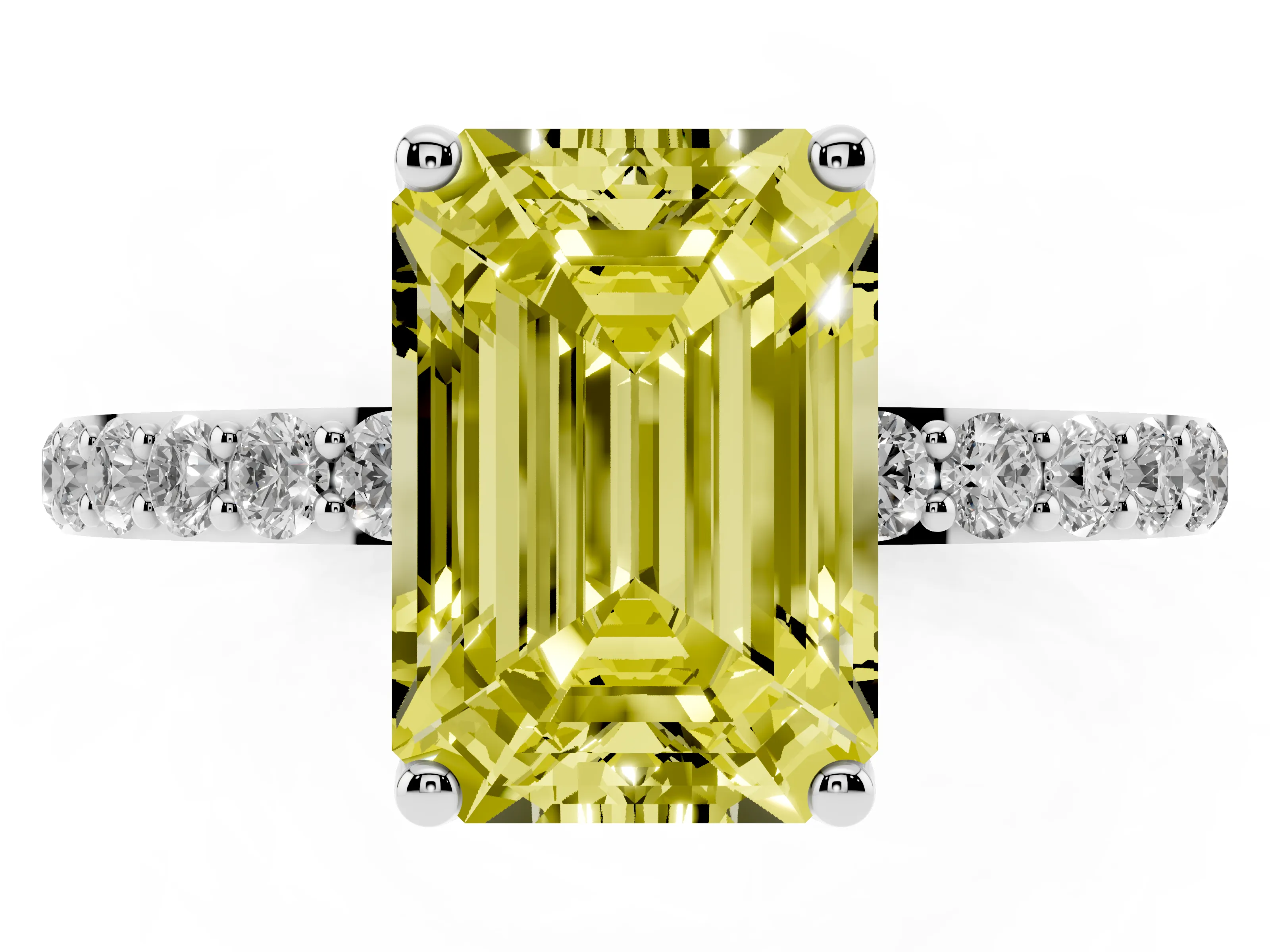 Fancy Yellow Emerald Cut Diamond Solitaire Engagement Ring Set in White gold with Round Pavé Band and Prong Setting