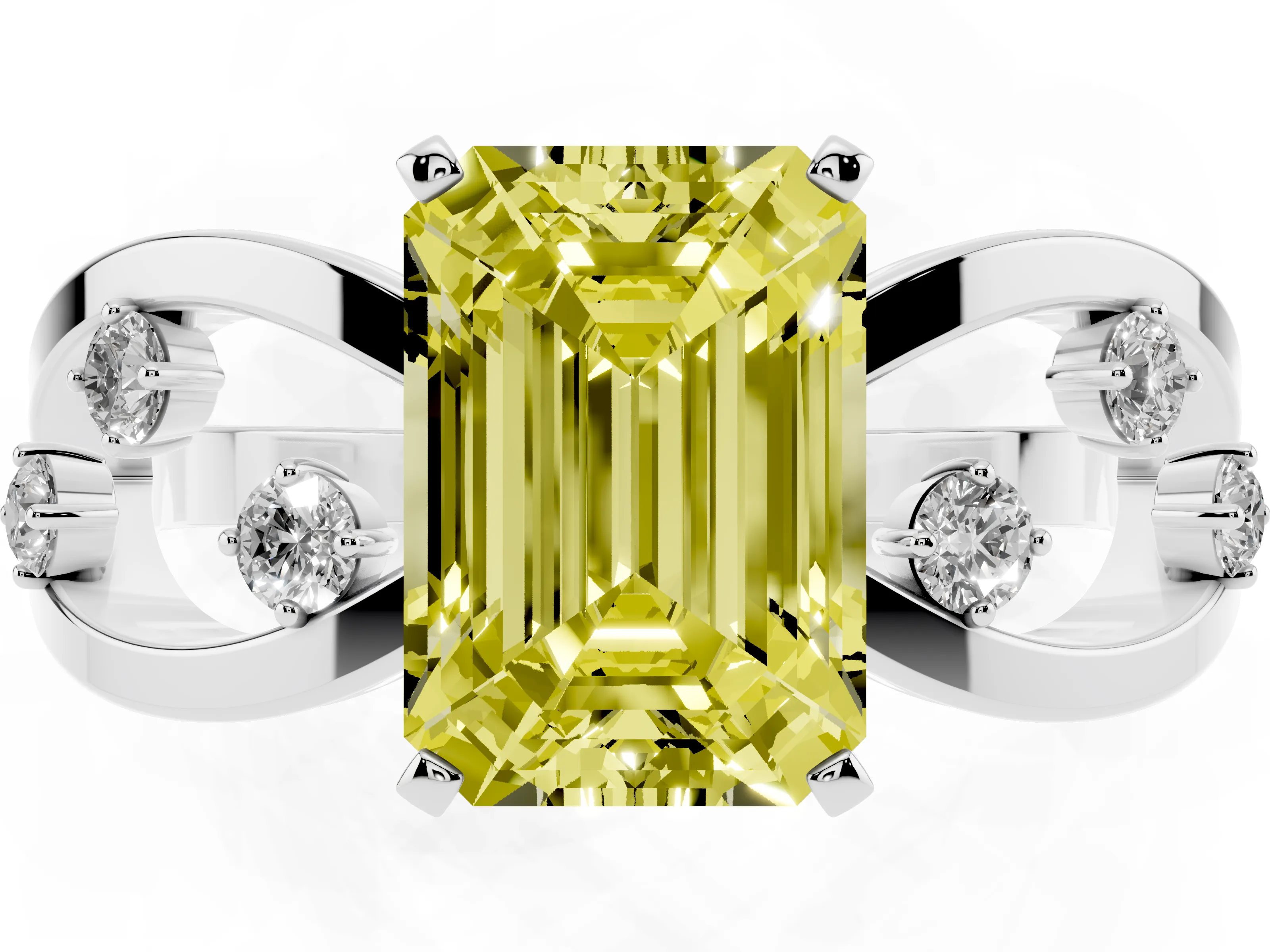 Fancy Yellow Emerald Cut Diamond Solitaire Ring Set in Platinum with Side Stones on Criss-Cross Band and Prong Setting