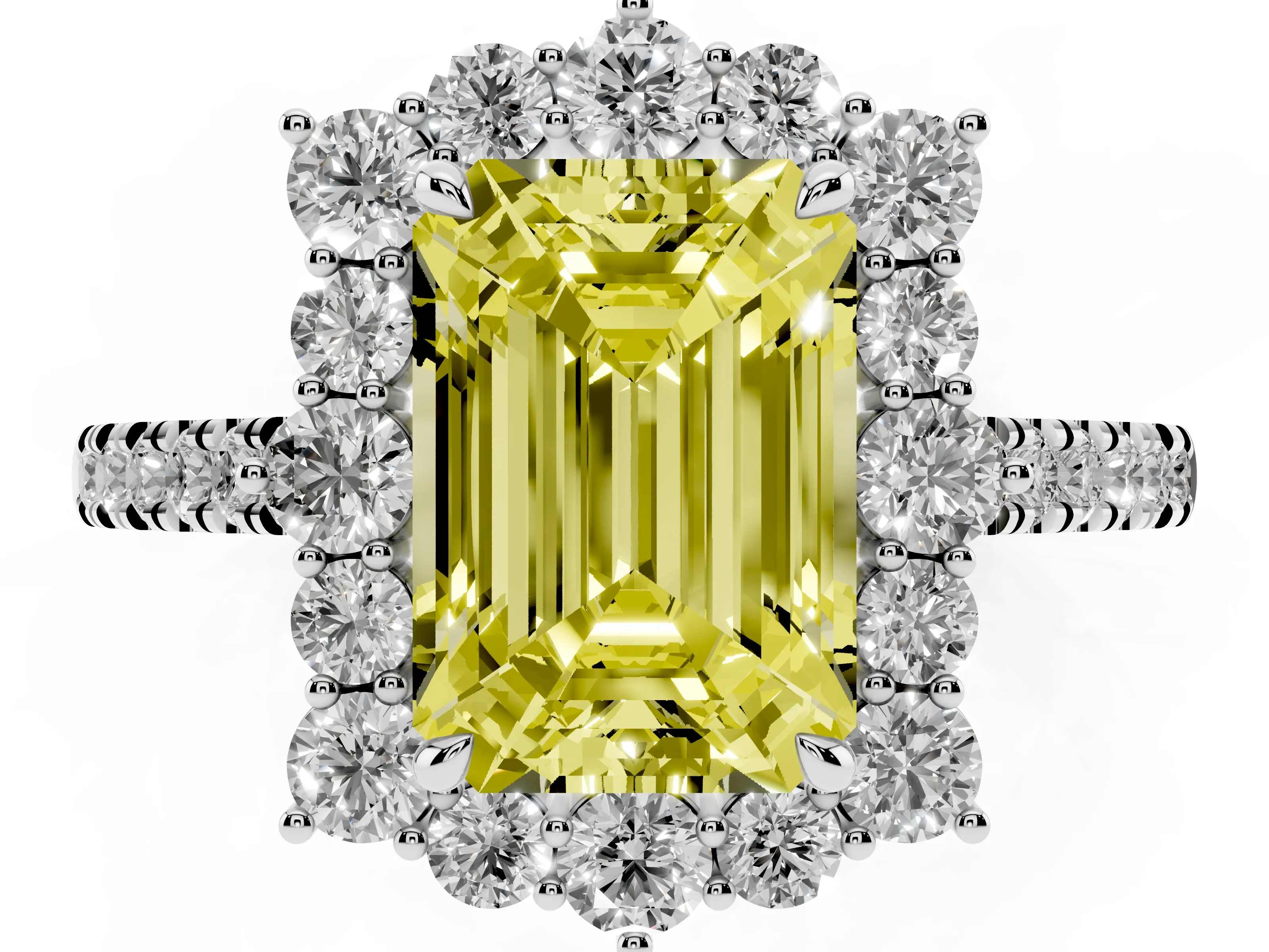Fancy Yellow Emerald Cut Diamond Halo Ring Set in Platinum with Pavé Band and Prong Setting