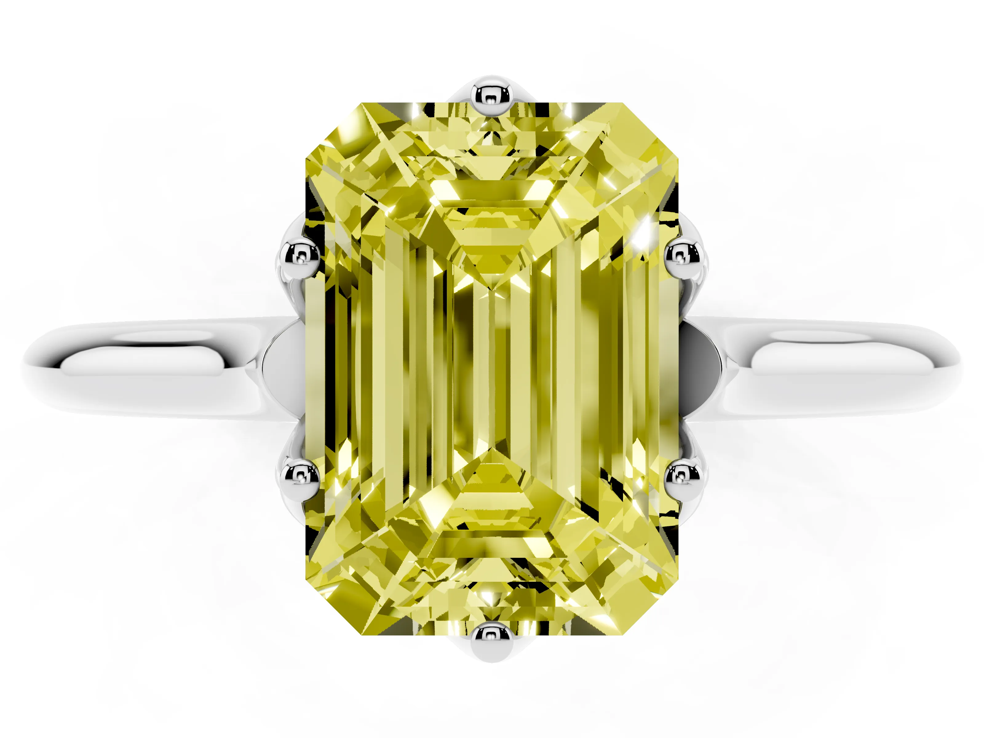 Fancy Yellow Emerald Cut Diamond Solitaire Cathedral Ring Set in Platinum with Prong Setting