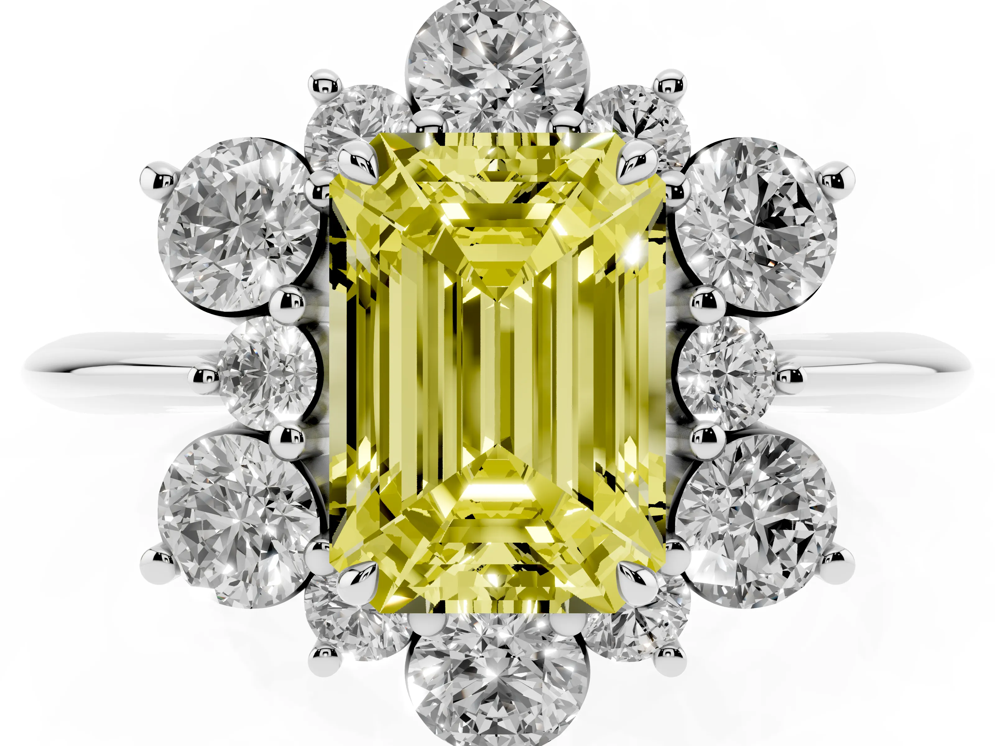 Fancy Yellow Emerald Cut Diamond Cluster Halo Ring Set in White gold with Solitaire Band and Prong Setting