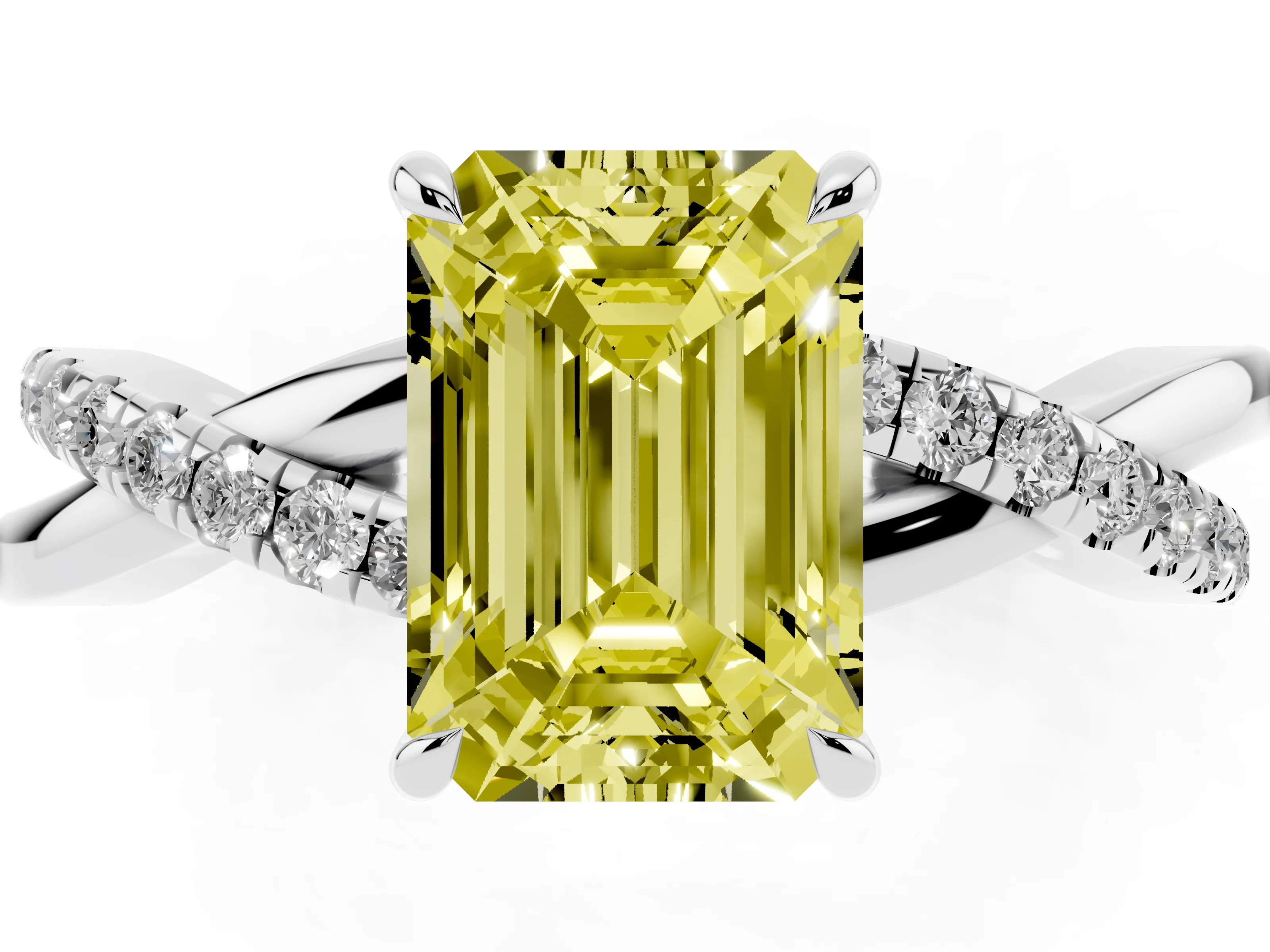 Fancy Yellow Emerald Cut Diamond Twisted Pavé Band Ring Set in Platinum with Prong Setting