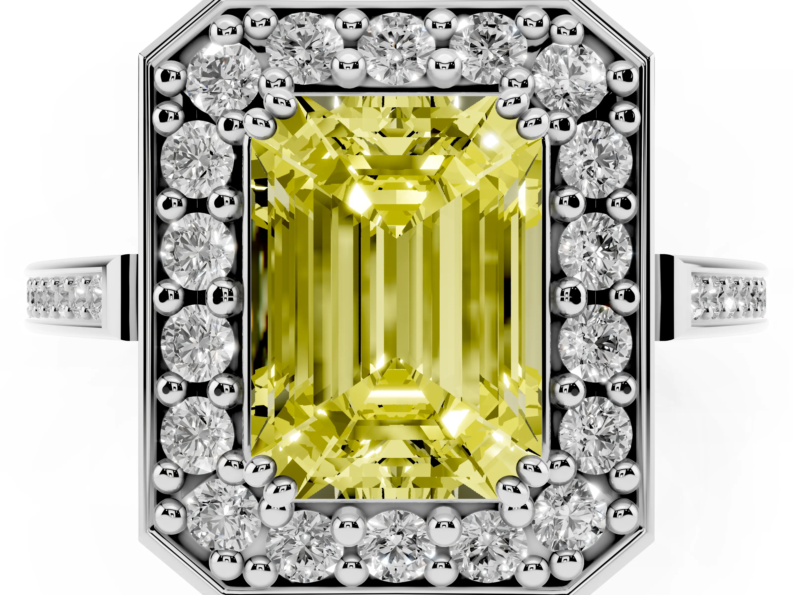 Fancy Yellow Emerald Cut Diamond Halo Ring Set in White gold with Accent-Lined Split Shank and Prong Setting