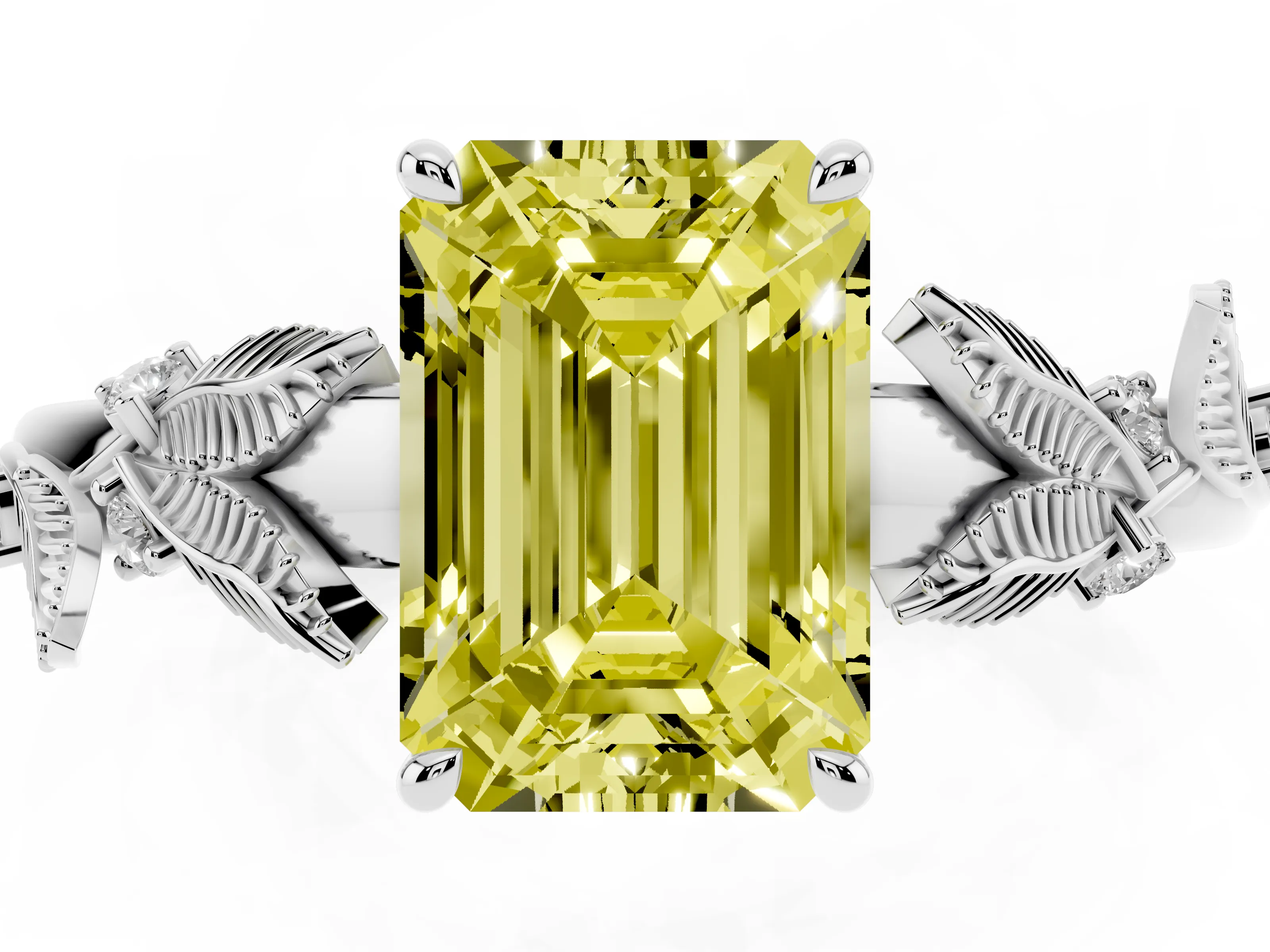 Fancy Yellow Emerald Cut Diamond Solitaire Ring Set in Silver with Leaf Motif Band