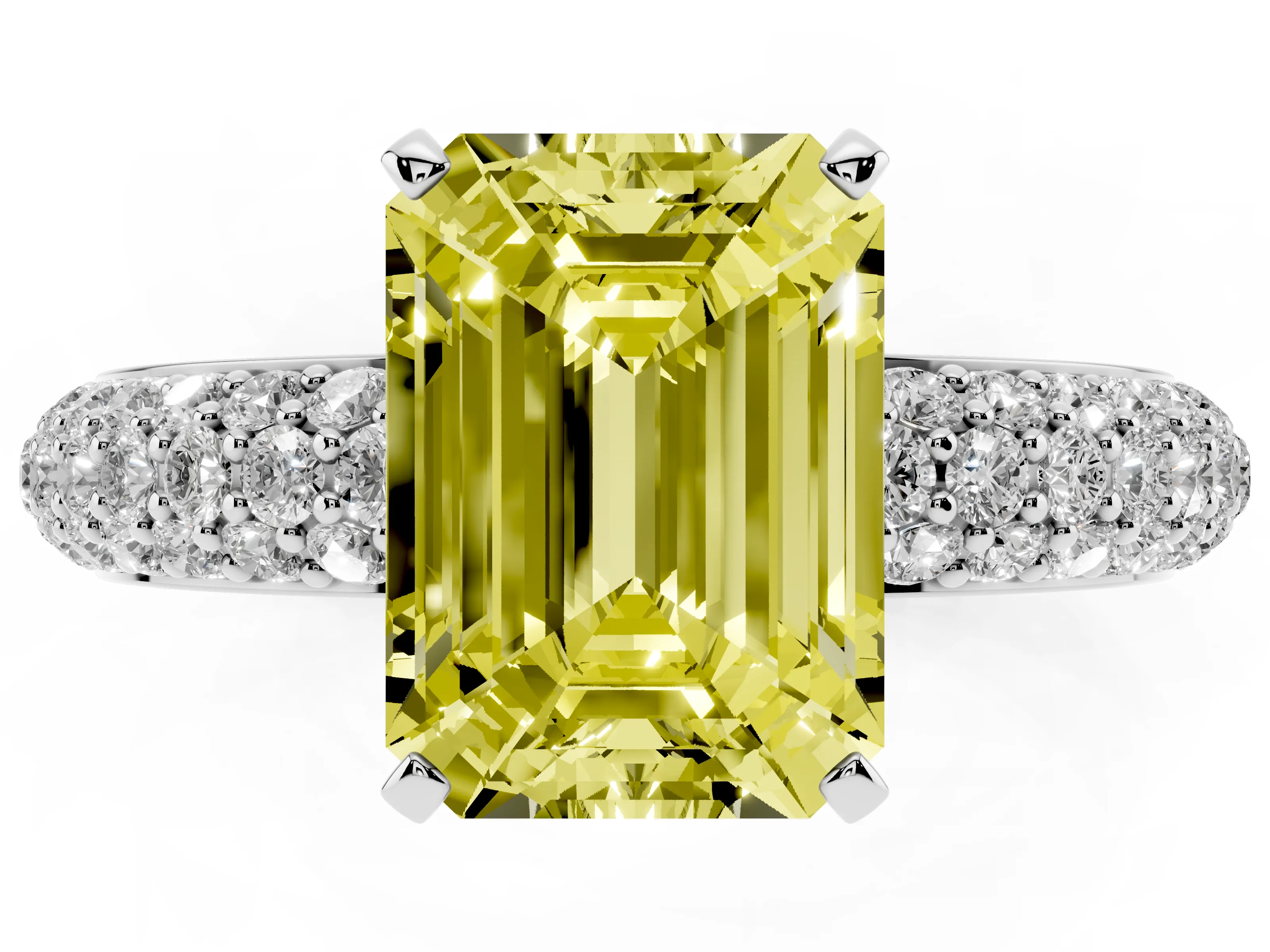 Fancy Yellow Emerald Cut Diamond Solitaire Ring Set in Platinum with Prong Setting and Pavé-Set Band