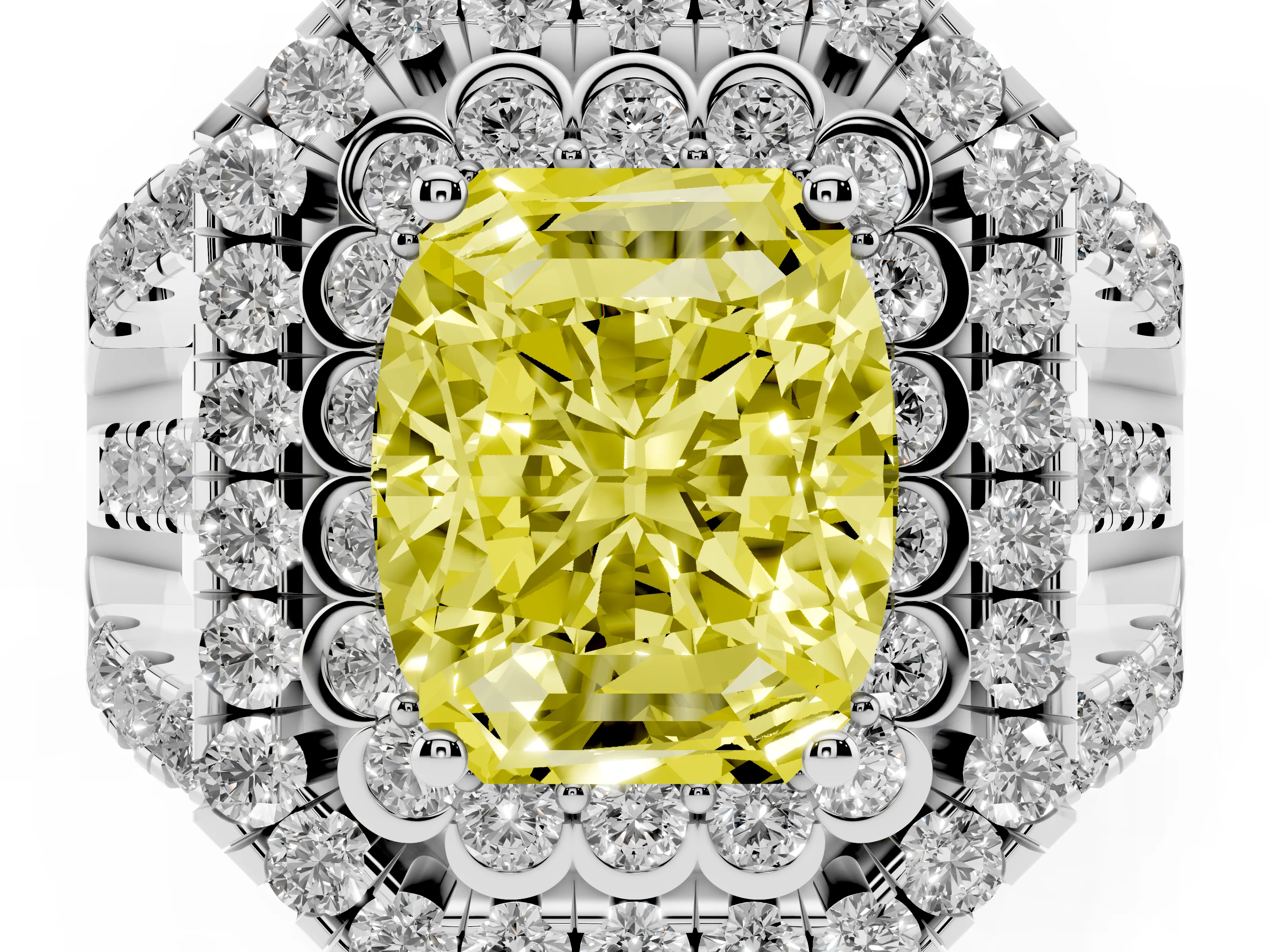 Fancy Yellow Emerald Cut Diamond Double Halo Ring Set in Silver with Round Pavé Split Shank
