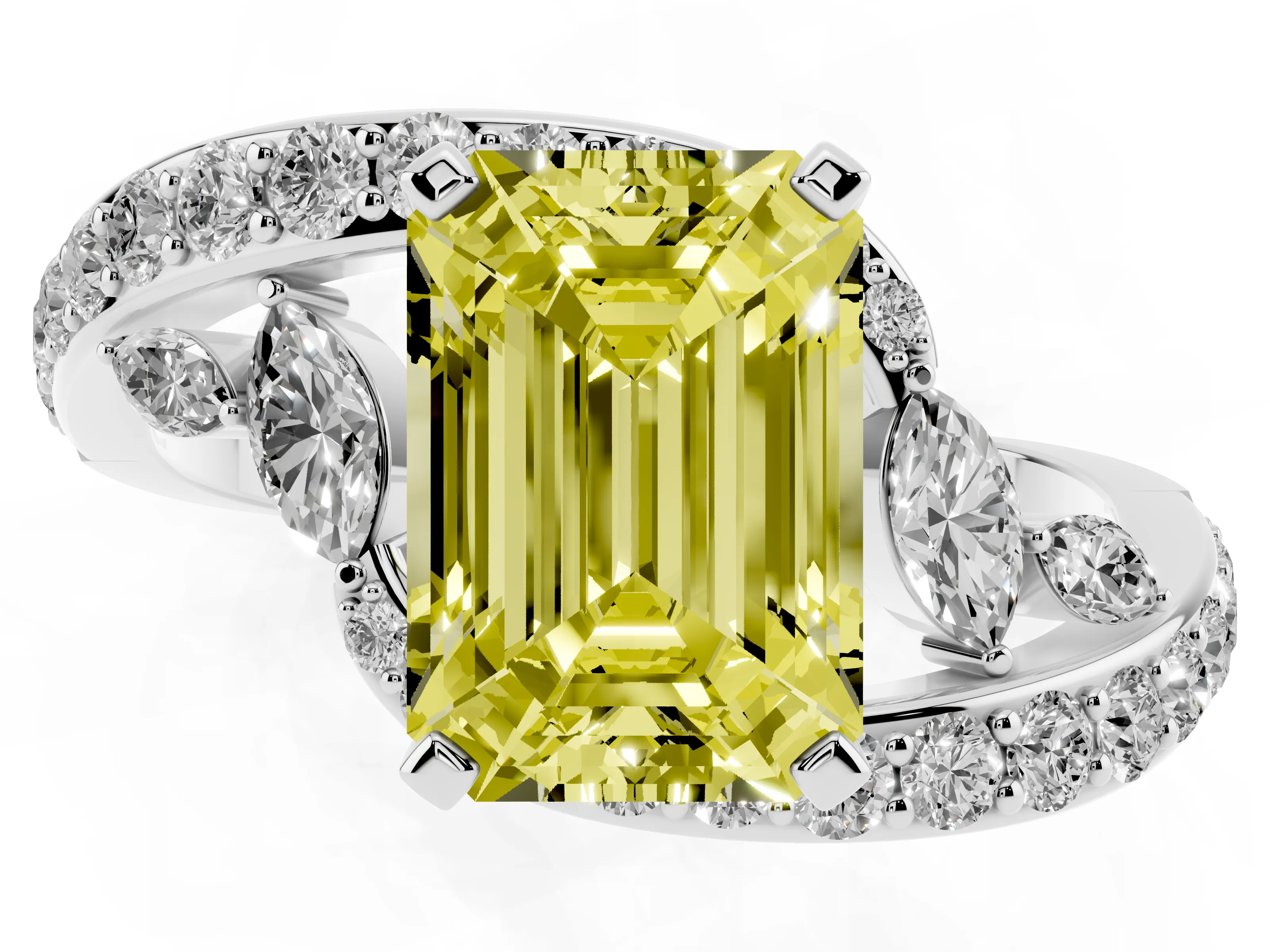 Fancy Yellow Emerald Cut Diamond Solitaire Ring Set in White gold with Pavé Twist Band and Secure Prong Setting