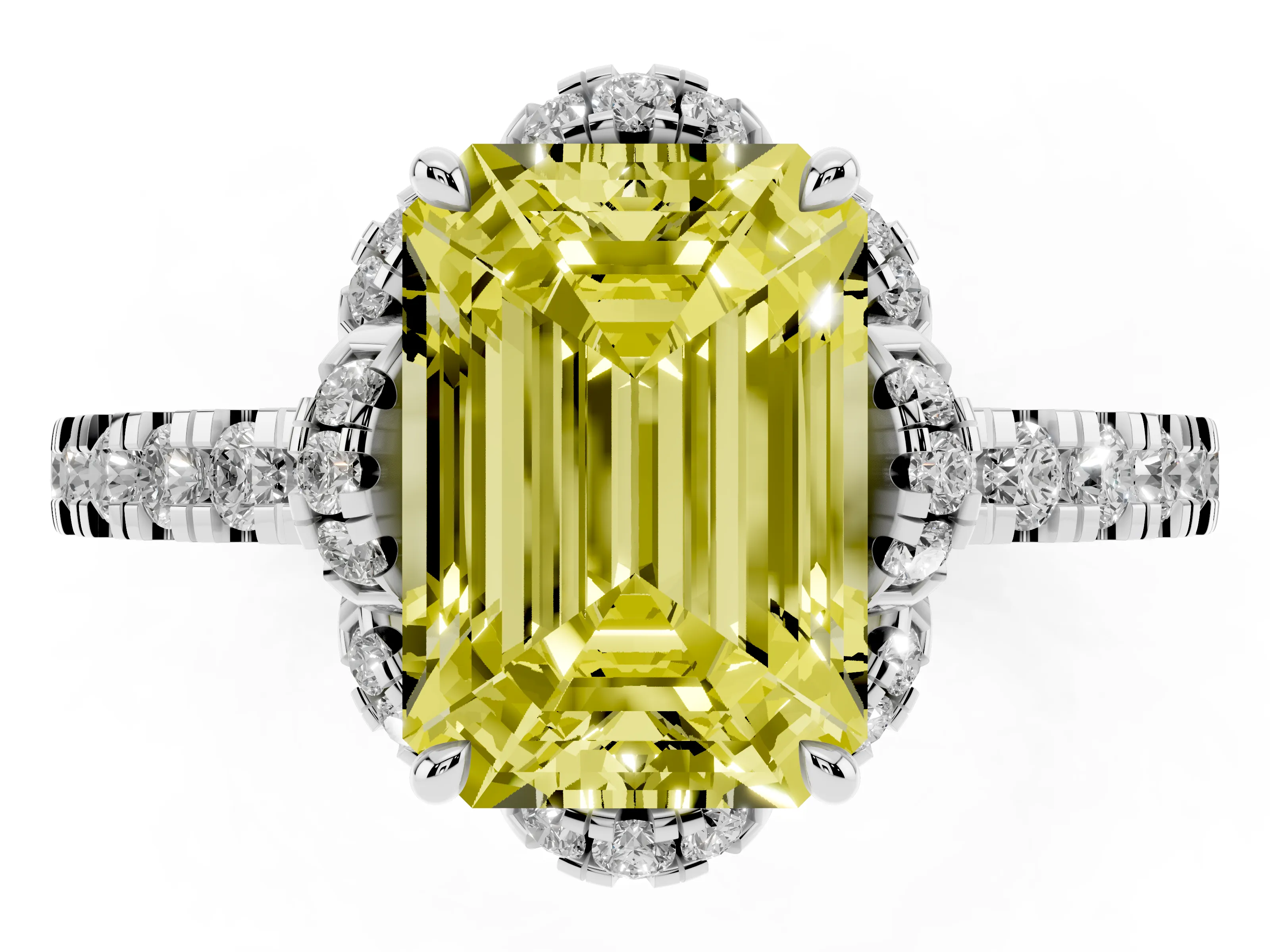 Fancy Yellow Emerald Cut Diamond Halo Pavé Band Ring Set in Platinum with Prong-Held Center