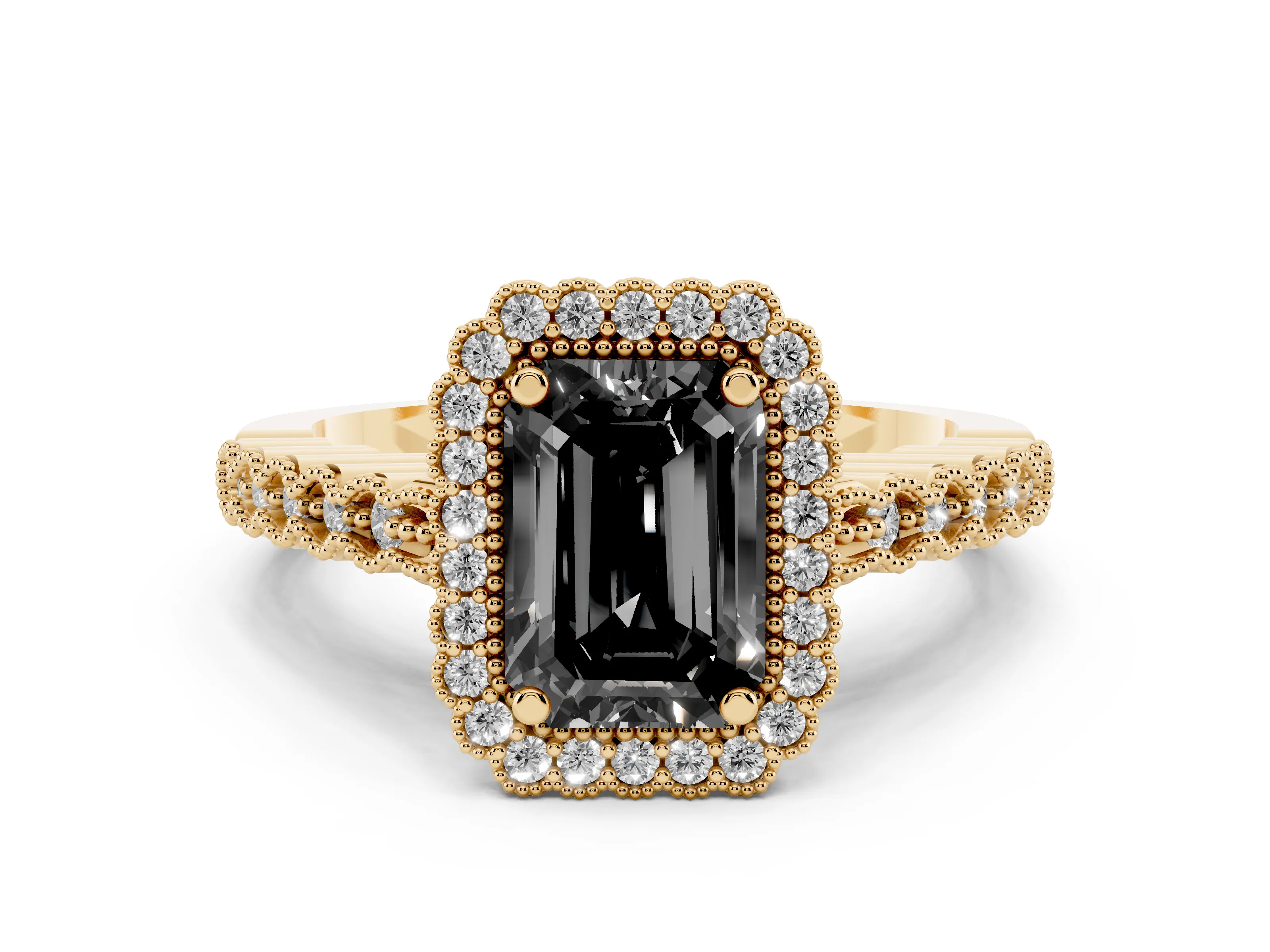 Fancy Black Emerald Cut Diamond Halo Ring Set in Yellow gold with Pavé Milgrain Band