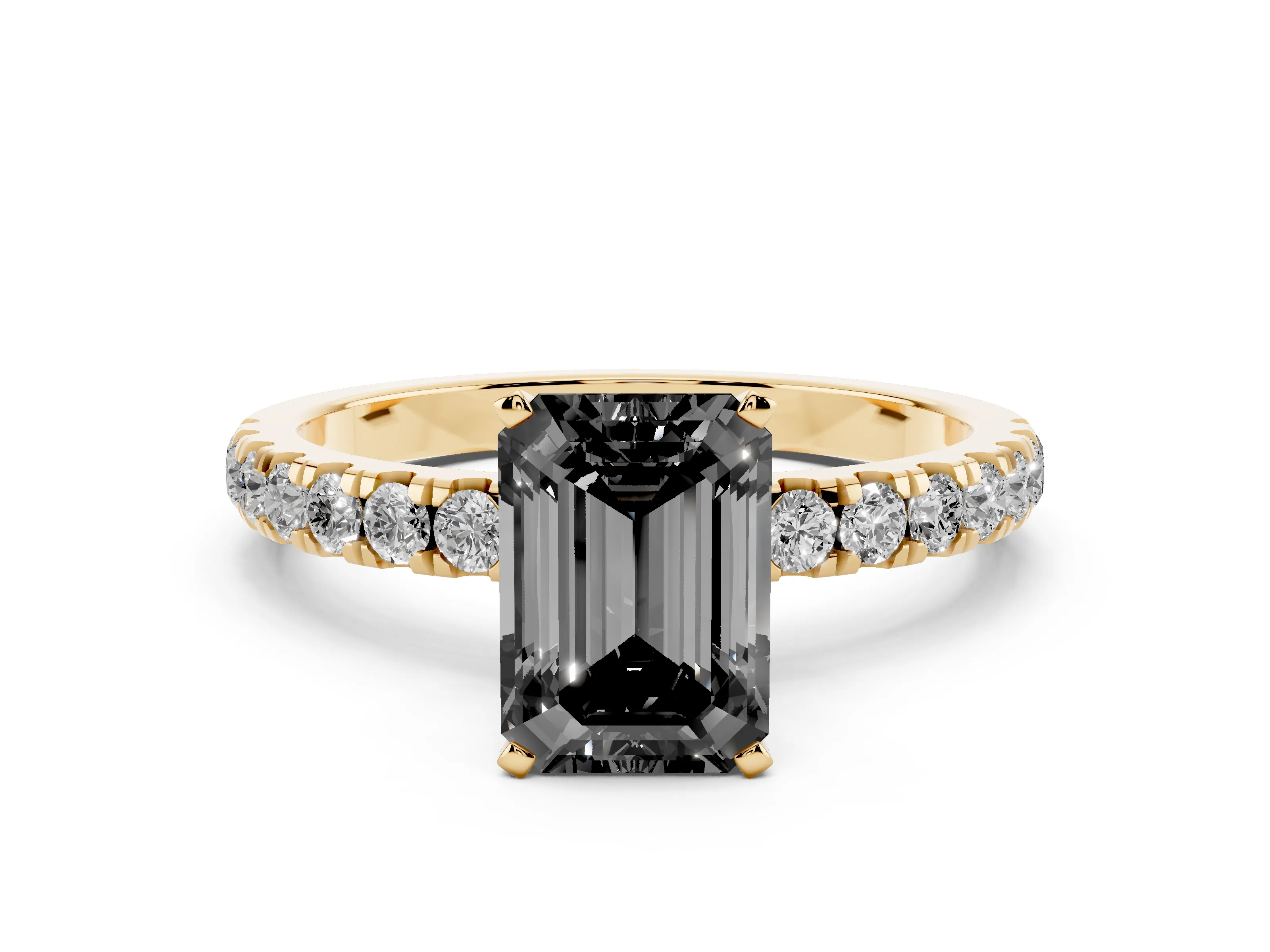 Fancy Black Emerald Cut Diamond Solitaire Ring Set in Yellow gold with Pavé Accents and Prong Setting