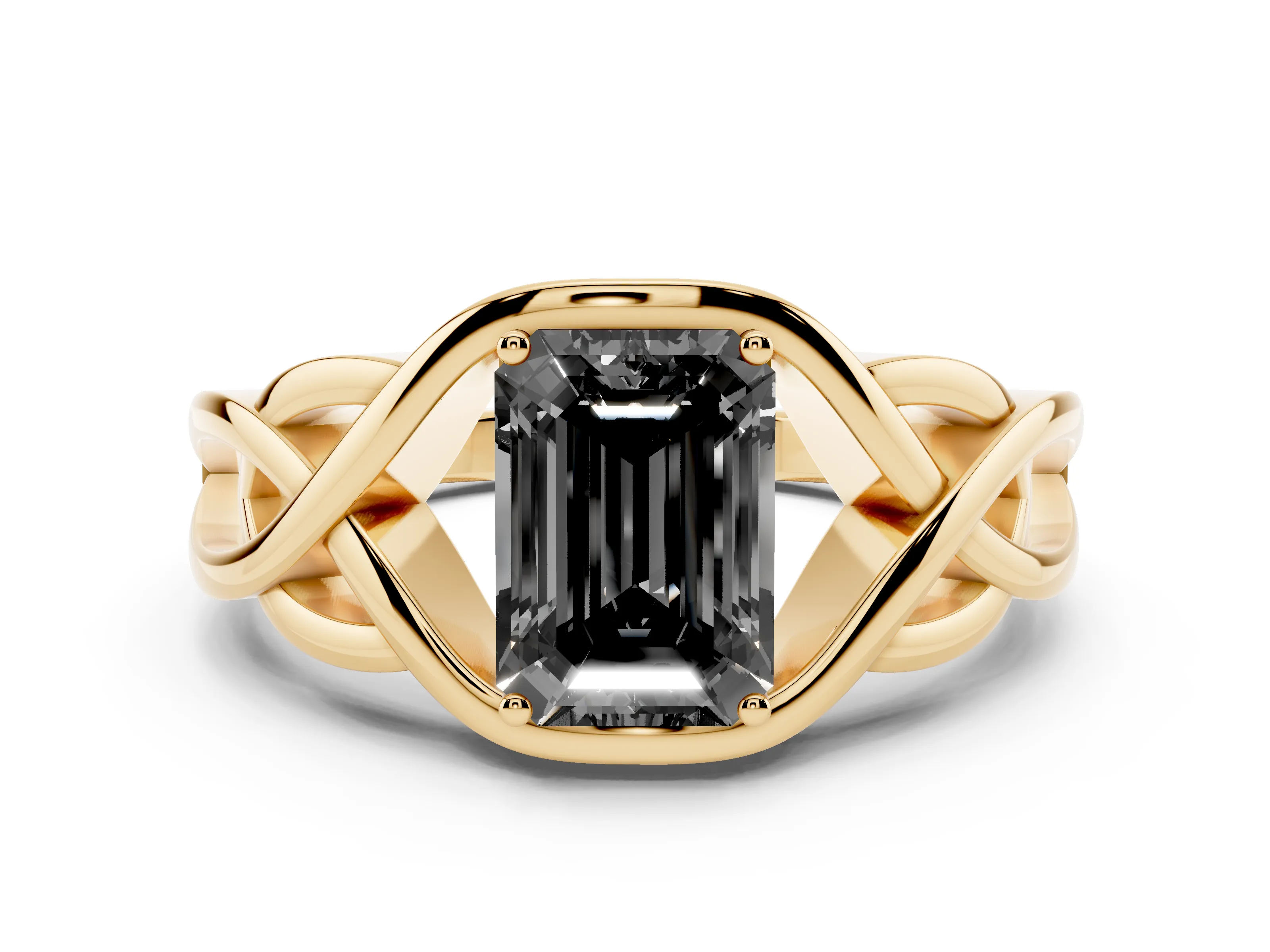 Fancy Black Emerald Cut Diamond Solitaire Ring Set in Yellow gold with Intertwined Band