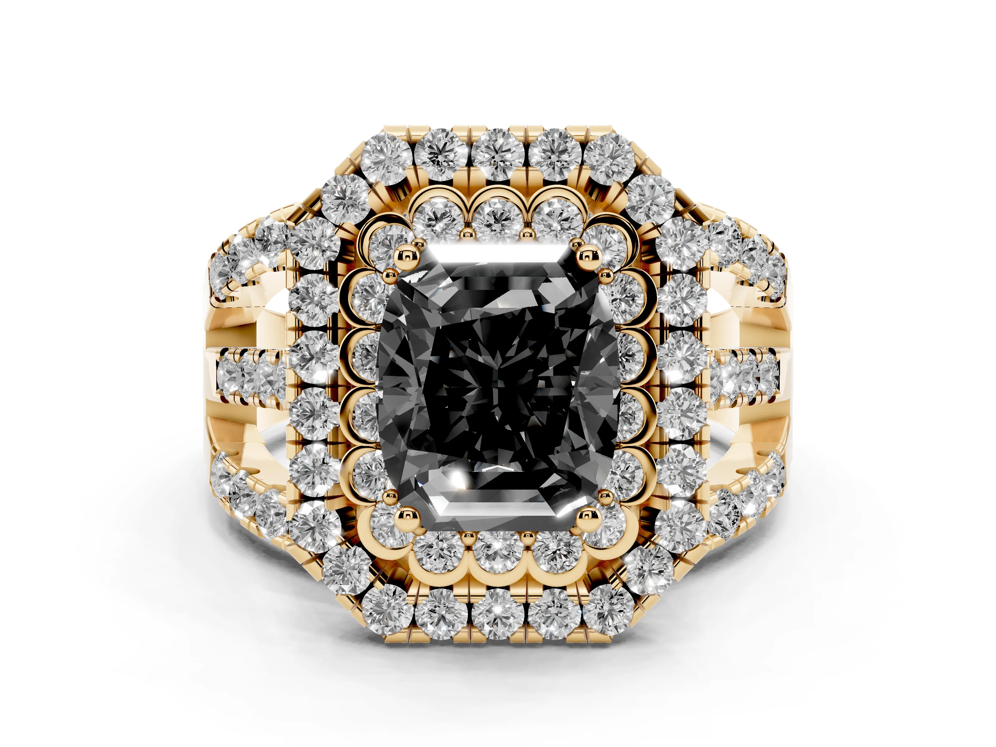 Fancy Black Emerald Cut Diamond Double Halo Ring Set in Yellow gold with Round Pavé Split Shank