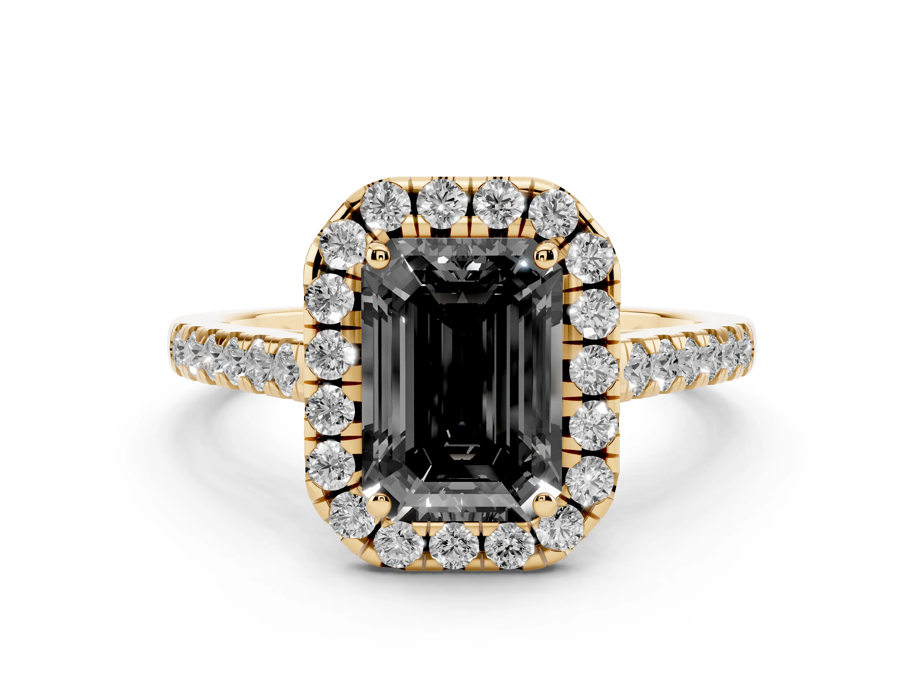 Fancy Black Emerald Cut Diamond Halo Pavé Engagement Ring Set in Yellow gold with Prong Setting