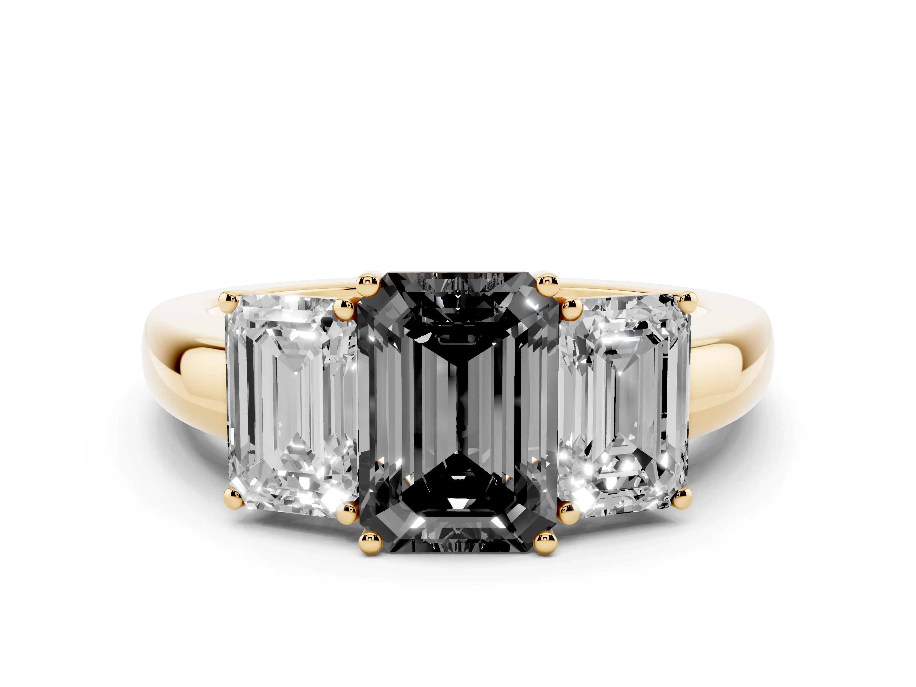 Fancy Black Emerald Cut Diamond Three-Stone Ring Set in Yellow gold with Bold Center and Classic Band