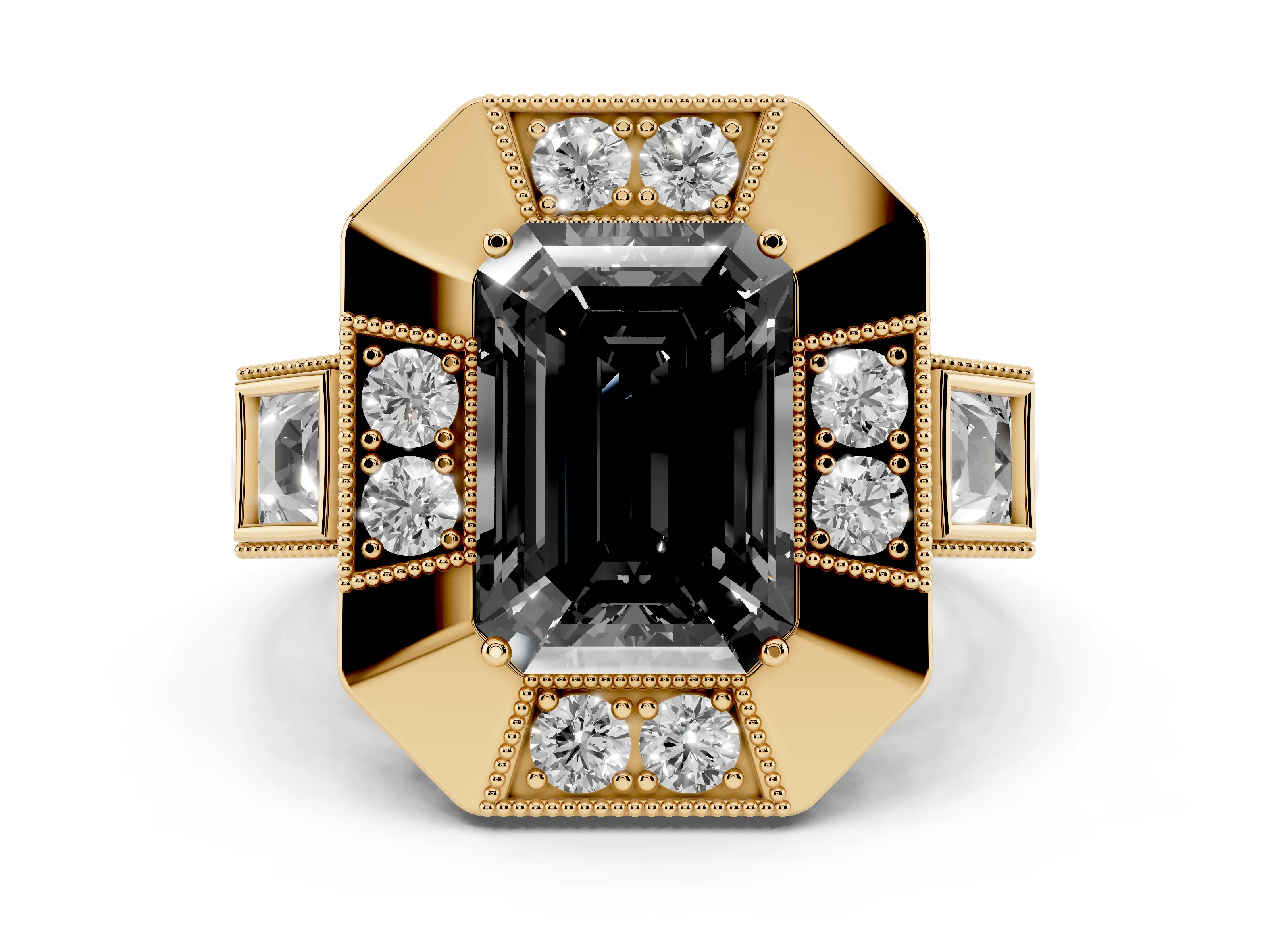 Fancy Black Emerald Cut Diamond Milgrain Halo Ring Set in Yellow gold with Split Shank