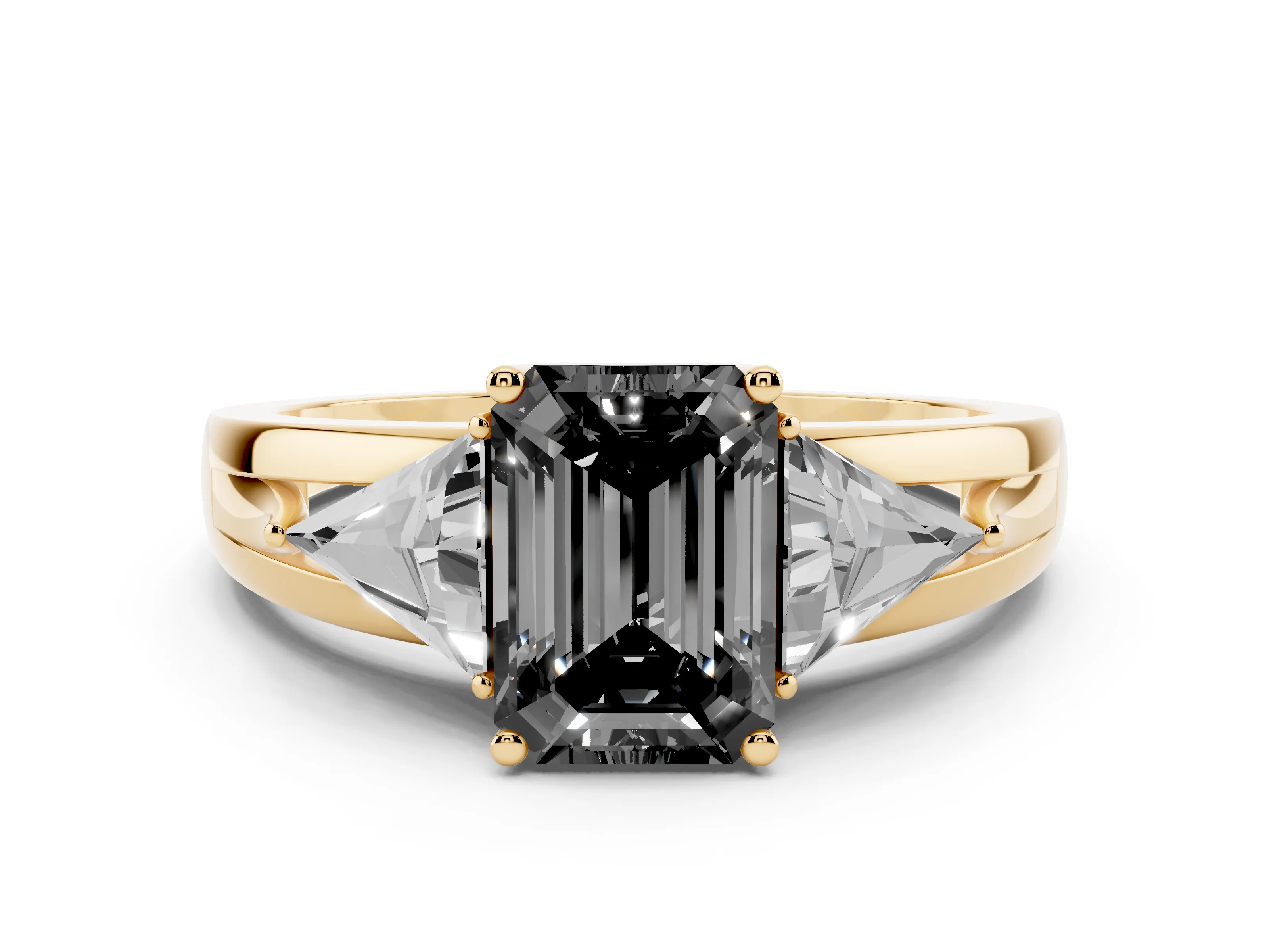 Fancy Black Emerald Cut Diamond Three-Stone Ring Set in Yellow gold with Trillion Side Stones and Split Shank