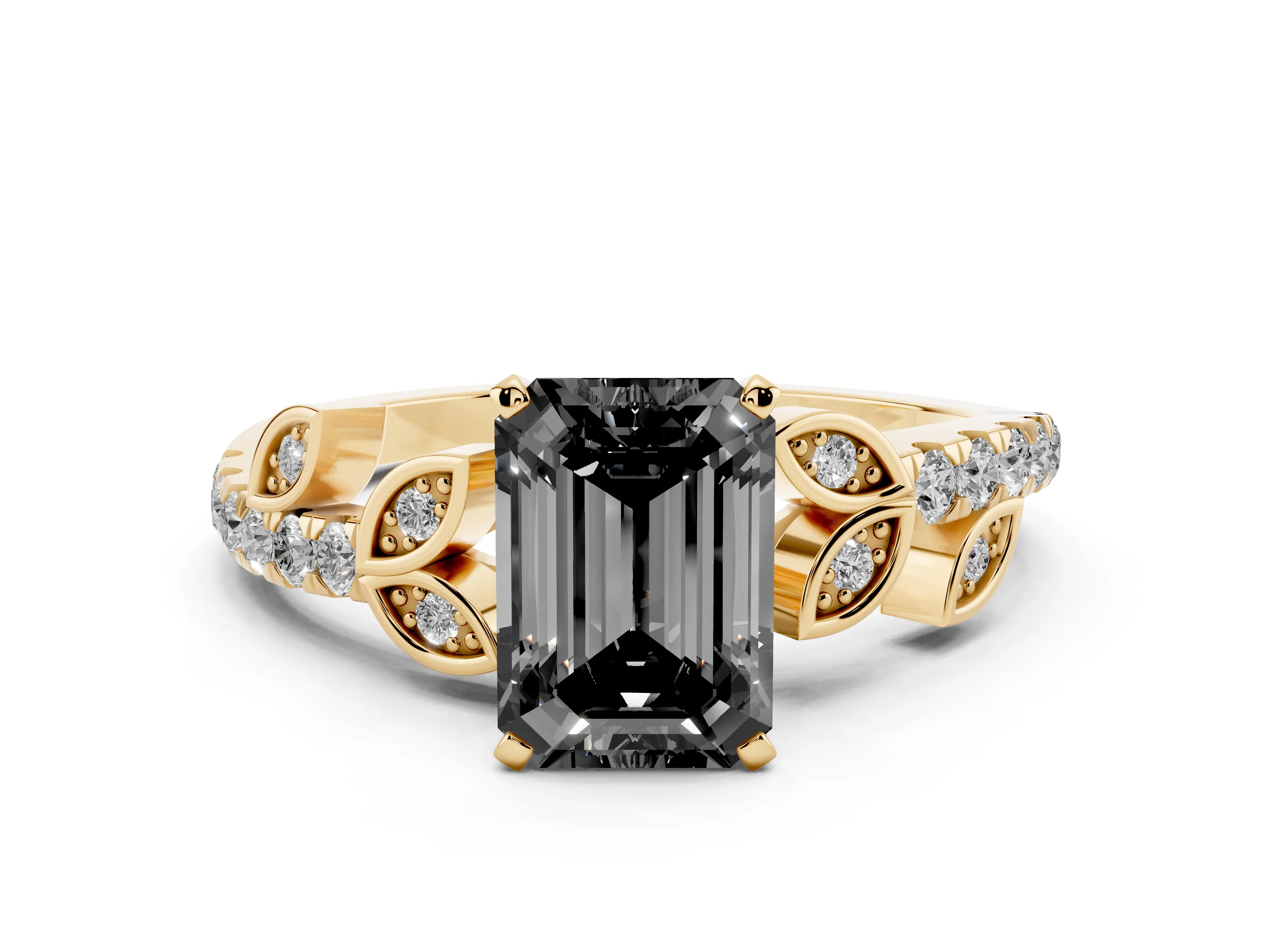 Fancy Black Emerald Cut Diamond Solitaire Leaf-Inspired Ring Set in Yellow gold with Pavé Band and Prong Setting