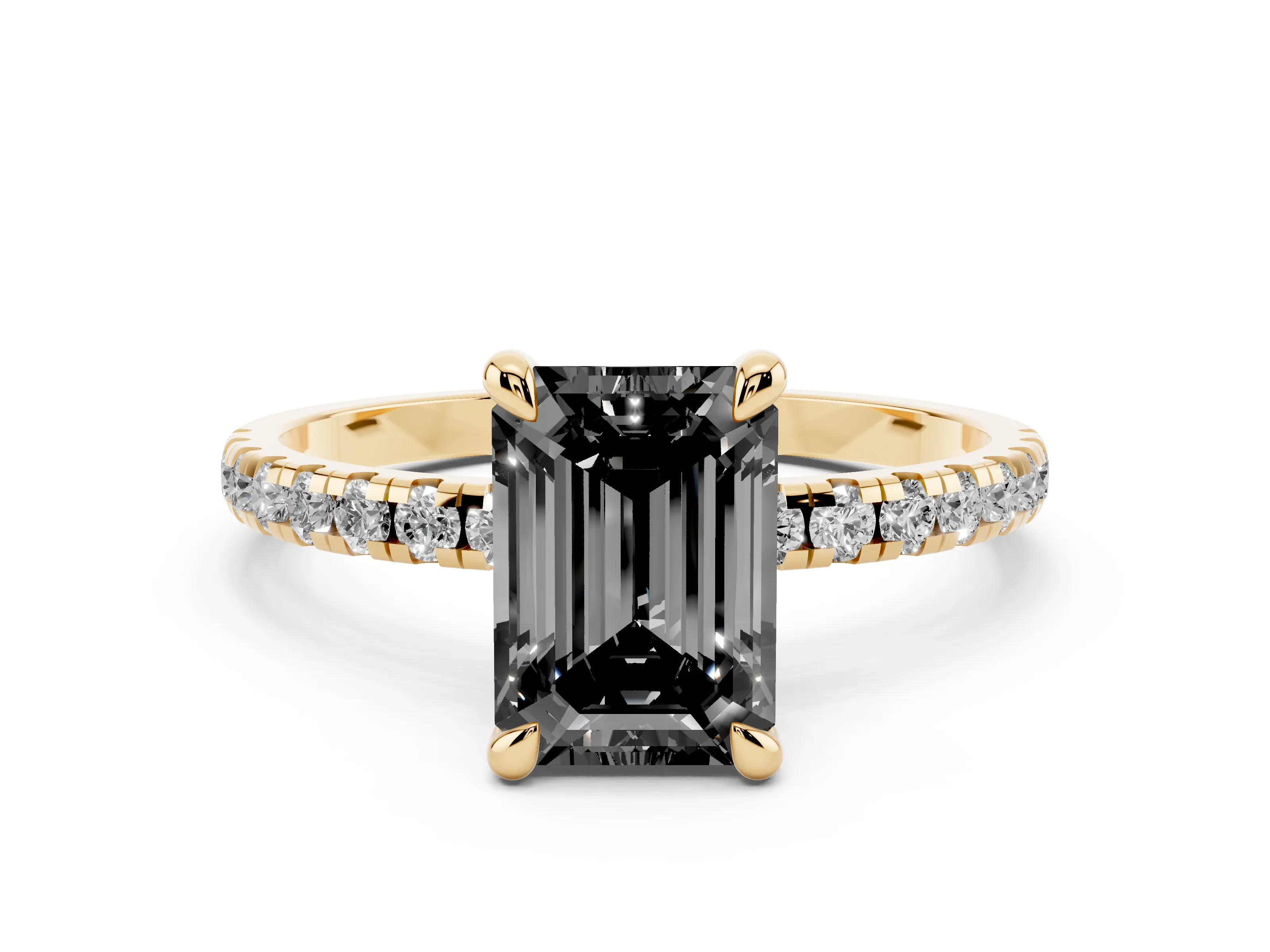 Fancy Black Emerald Cut Diamond Brilliant Solitaire Ring Set in Yellow gold with Pavé Band and Prong Setting