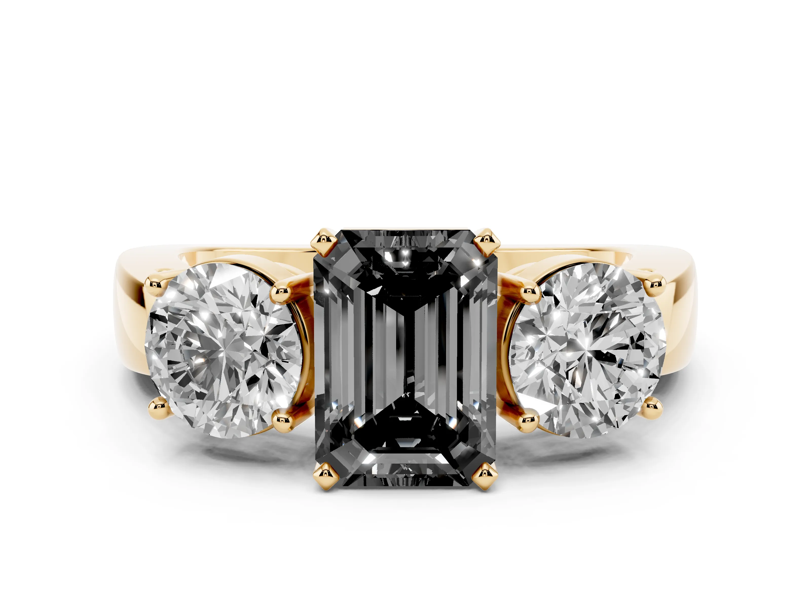 Fancy Black Emerald Cut Diamond Three-Stone Ring Set in Yellow gold with Round Side Stones and Classic Band