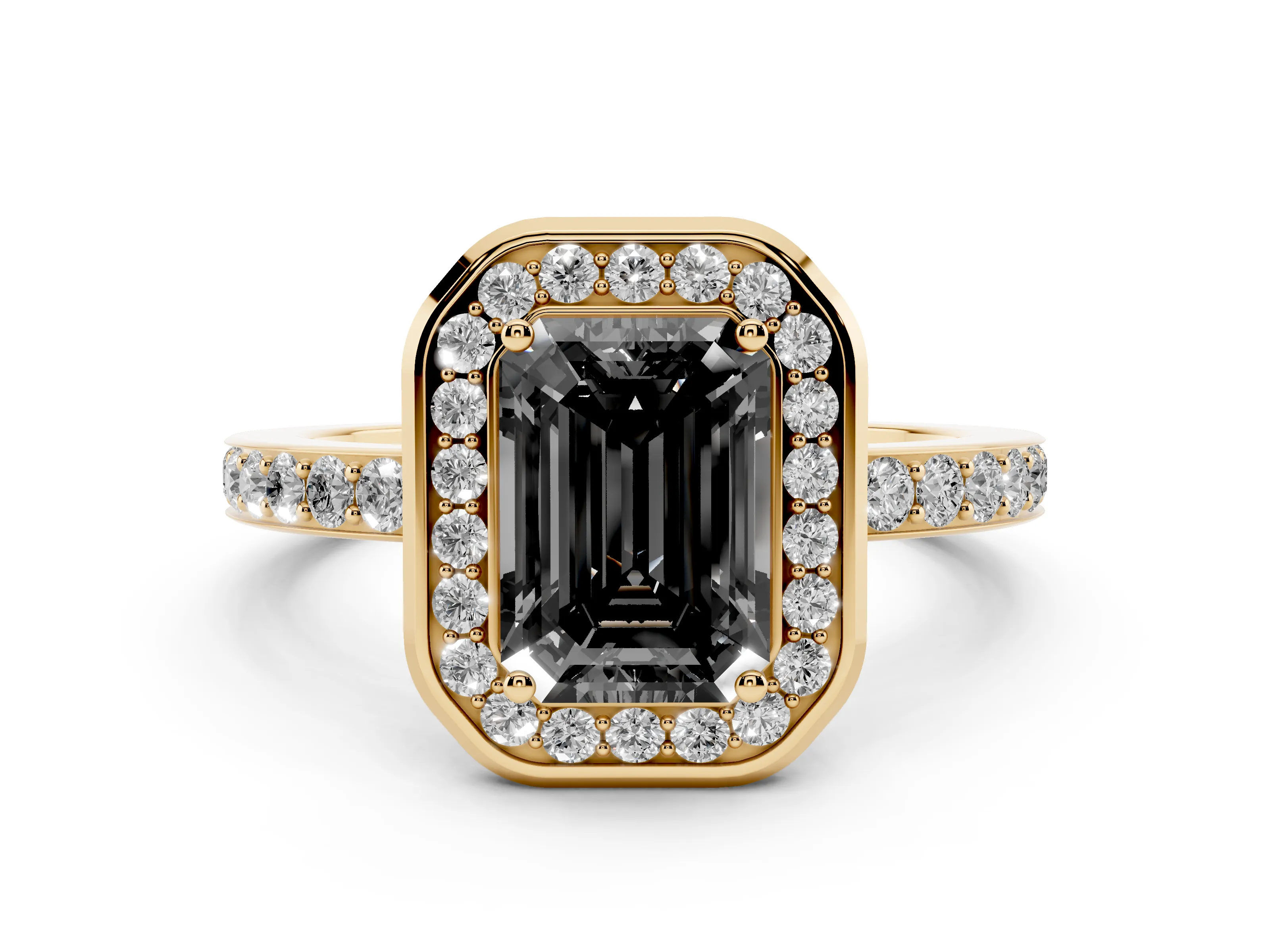 Fancy Black Emerald Cut Diamond Halo Ring Set in Yellow gold with Bezel Frame and Pavé Band