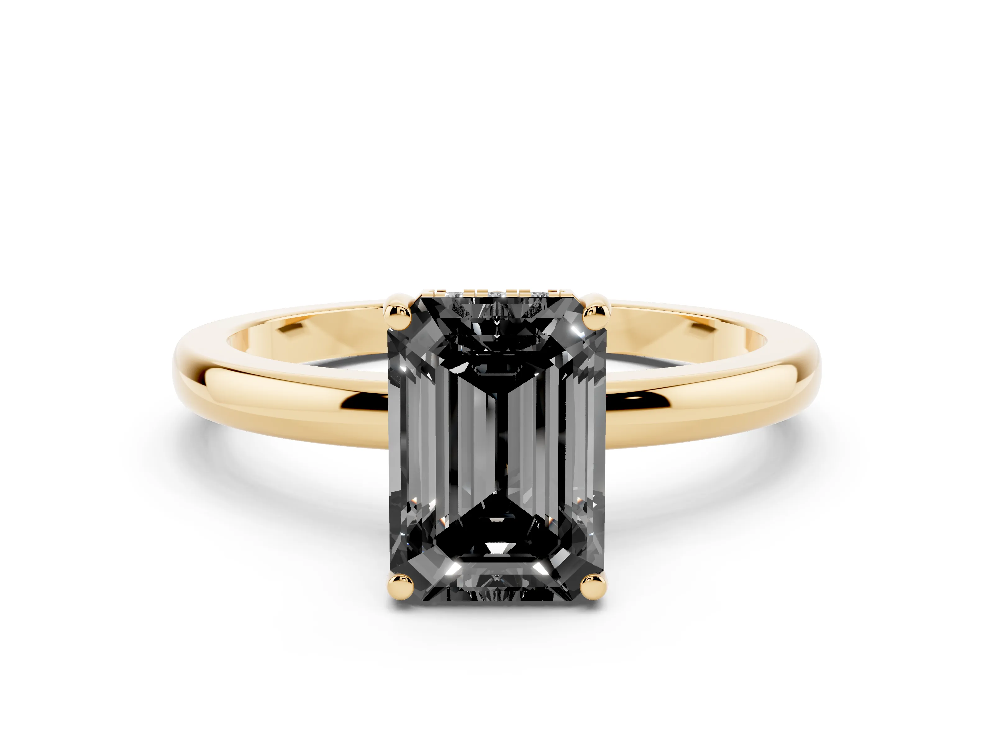 Fancy Black Emerald Cut Diamond Solitaire Ring Set in Yellow gold with Plain Band and Prong Setting