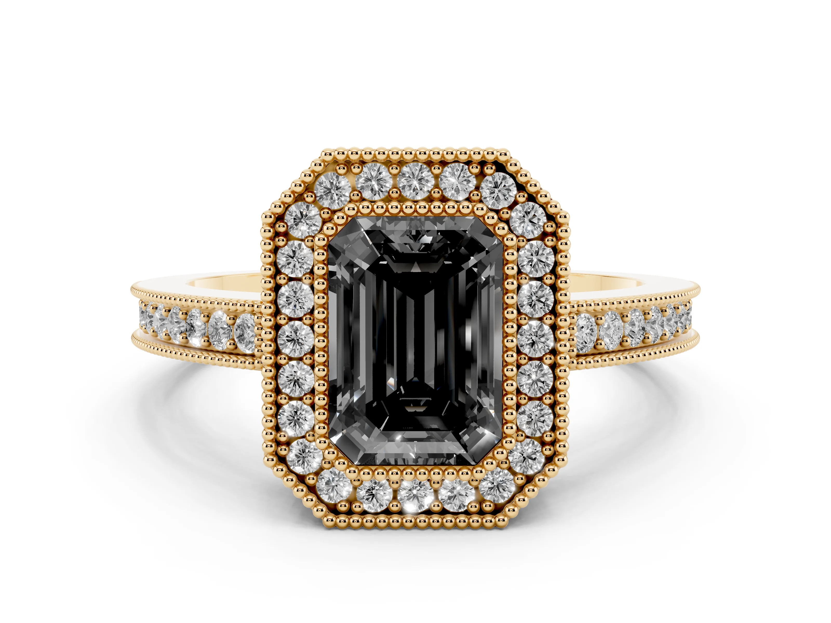 Fancy Black Emerald Cut Diamond Round Halo Ring Set in Yellow gold with Pavé Band