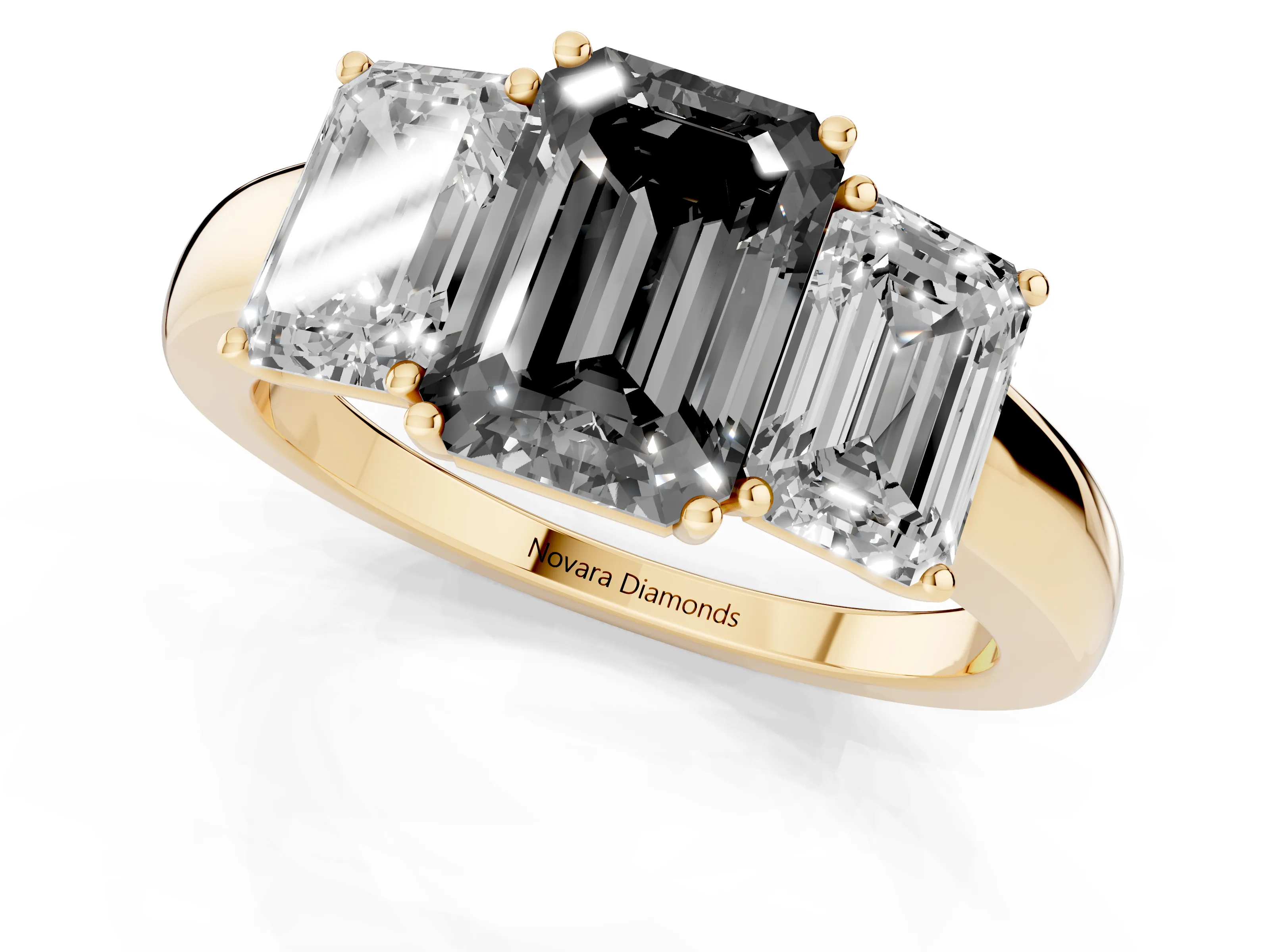 Fancy Black Emerald Cut Diamond Three-Stone Ring Set in Yellow gold with Bold Center and Classic Band