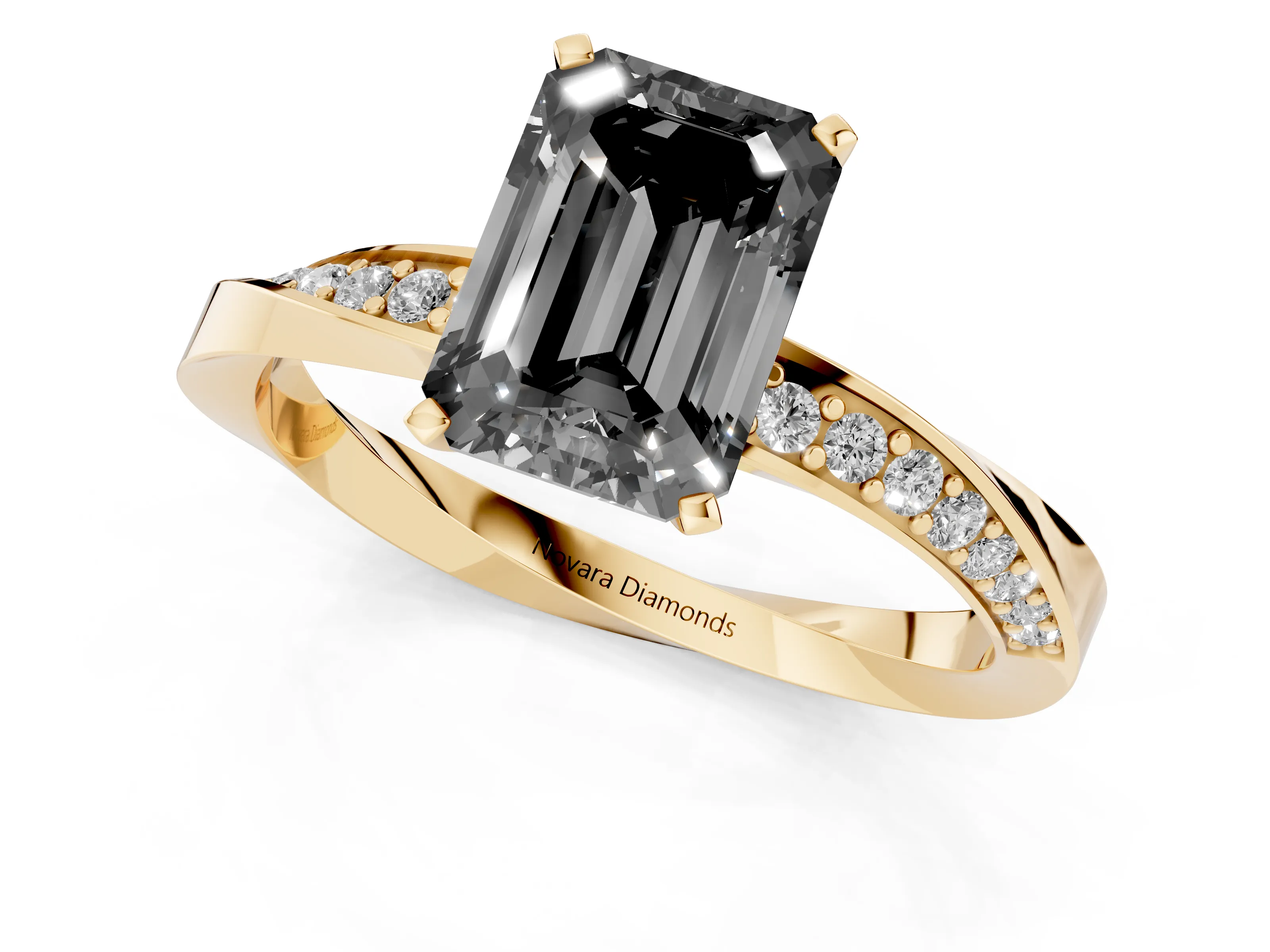 Fancy Black Emerald Cut Diamond Engagement Ring Set in Yellow gold with Side Stone Accents and Prong Setting