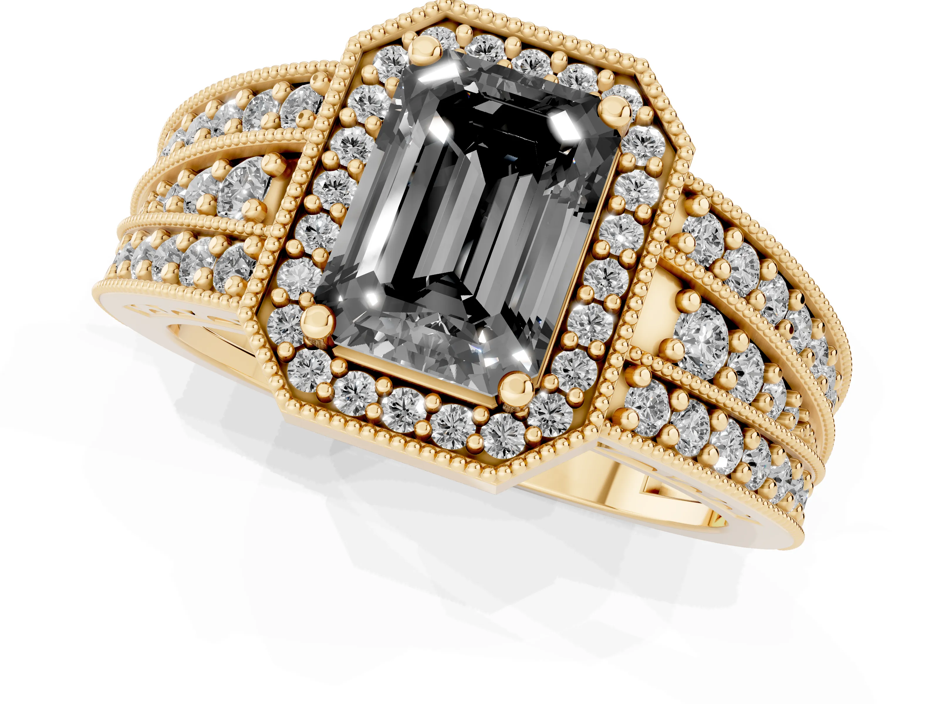 Fancy Black Emerald Cut Diamond Halo Ring Set in Yellow gold with Accent Split Shank and Prong Setting