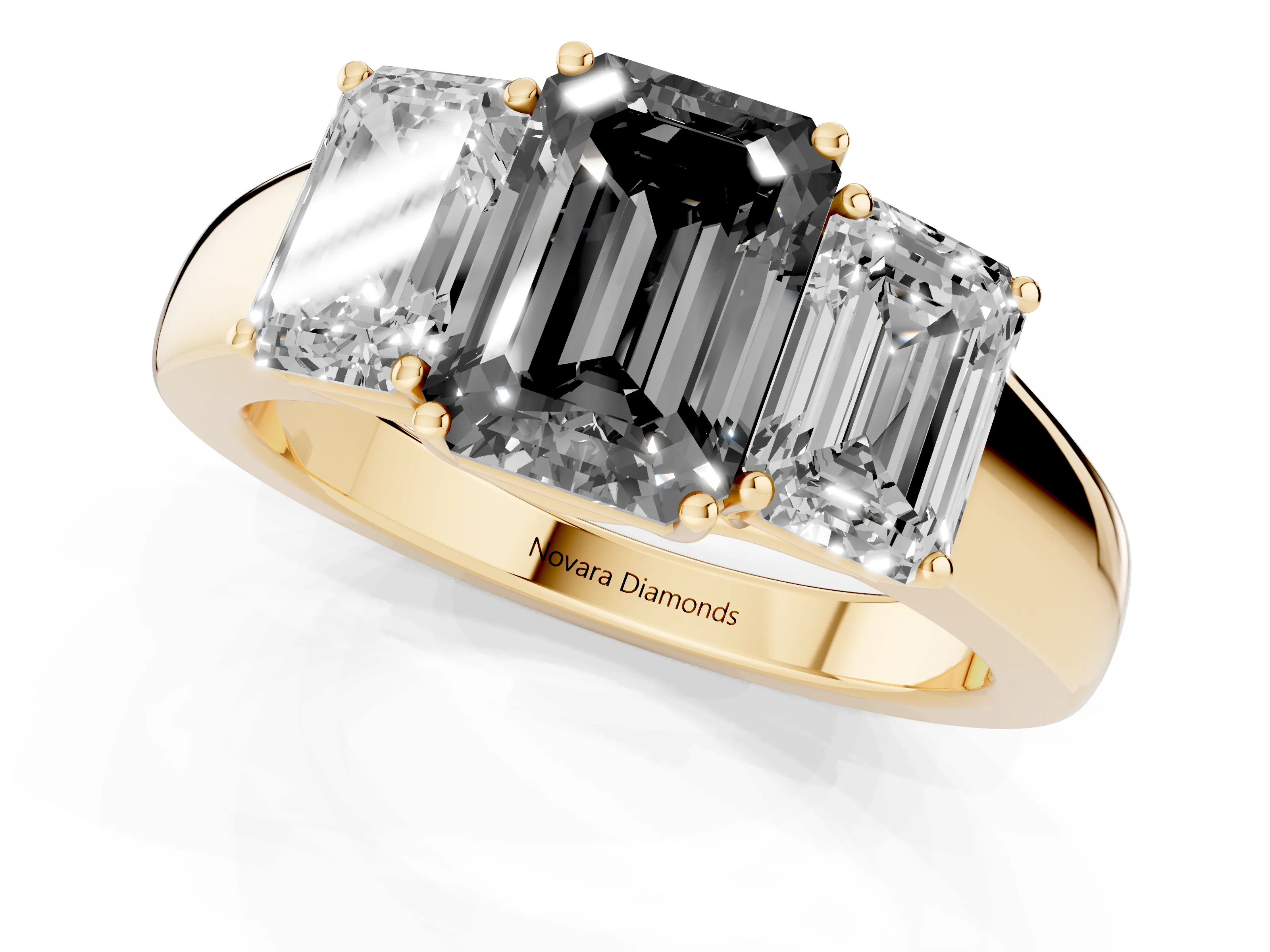 Fancy Black Three-Stone Emerald Cut Diamond Ring Set in Yellow gold with Matching Prong Settings and Plain Band
