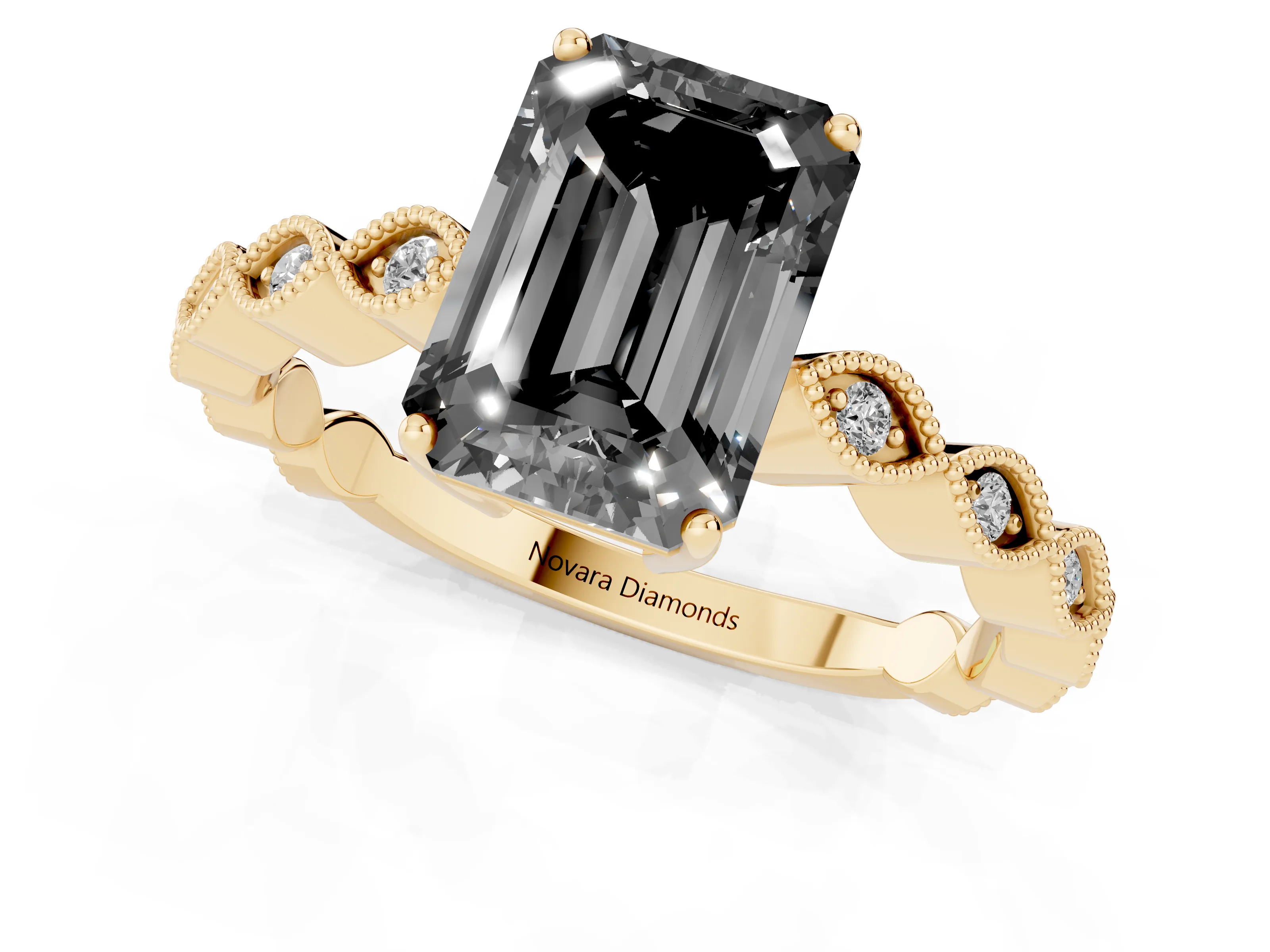 Fancy Black Emerald Cut Diamond Solitaire Ring Set in Yellow gold with Infinity Twist Pavé Band