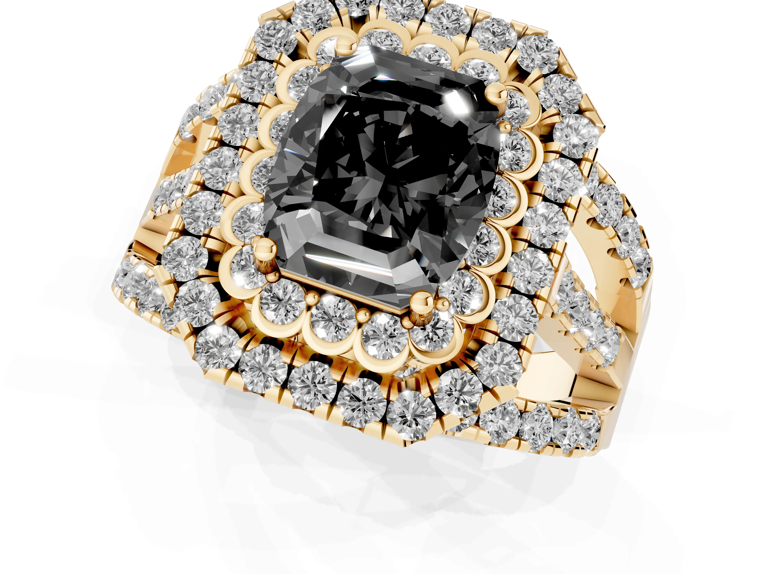 Fancy Black Emerald Cut Diamond Double Halo Ring Set in Yellow gold with Round Pavé Split Shank