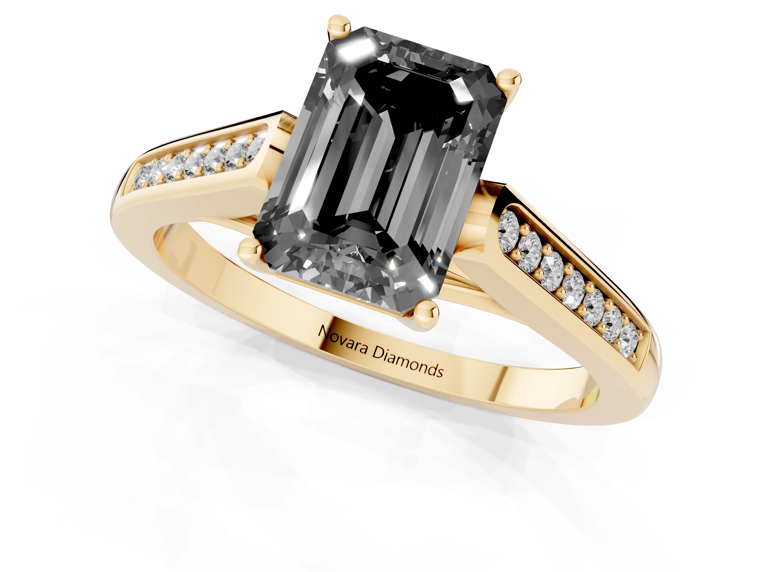 Fancy Black Emerald Cut Diamond Solitaire Cathedral Engagement Ring Set in Yellow gold with Channel-Set Band and Prong Setting