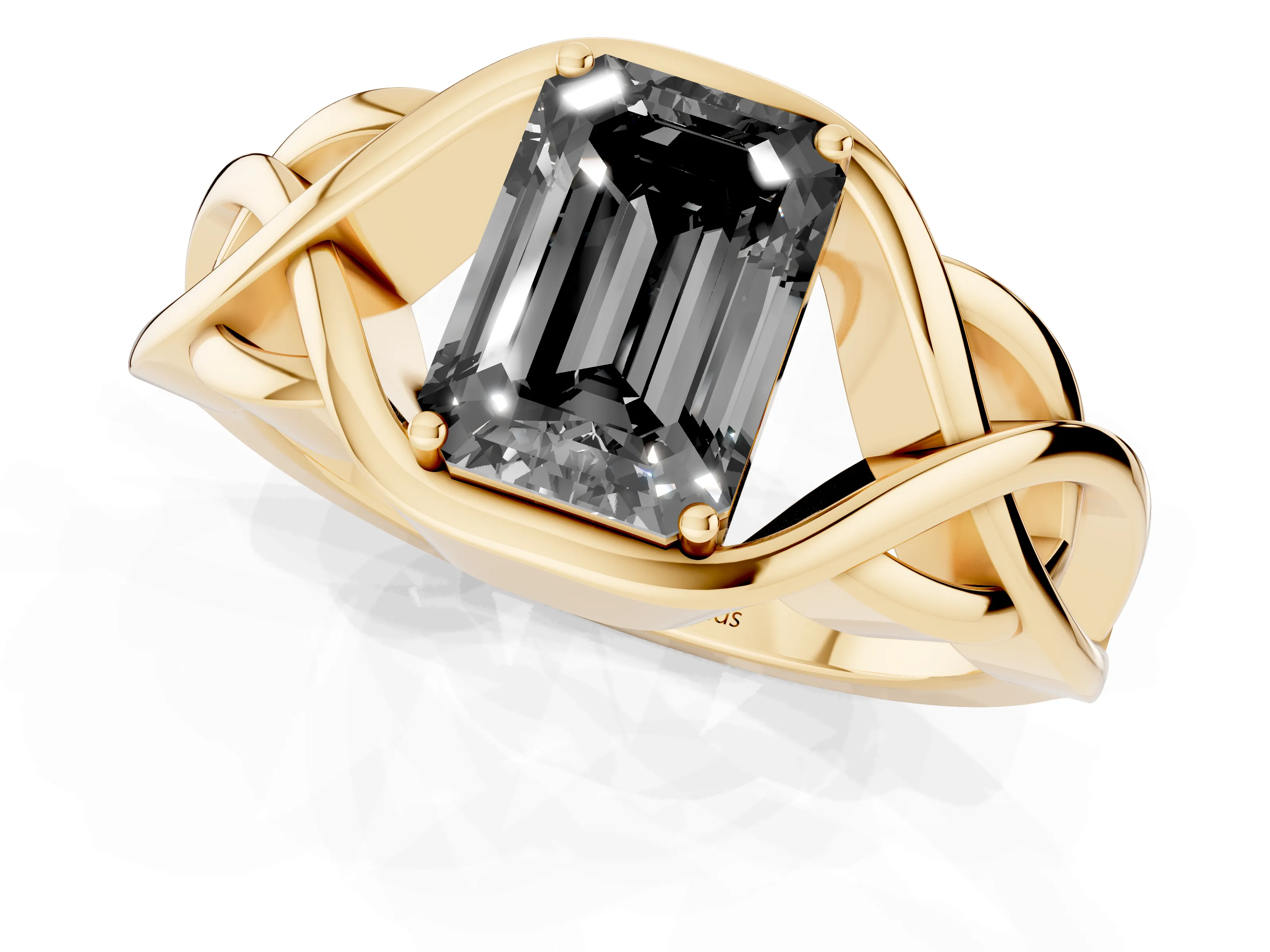 Fancy Black Emerald Cut Diamond Solitaire Ring Set in Yellow gold with Intertwined Band