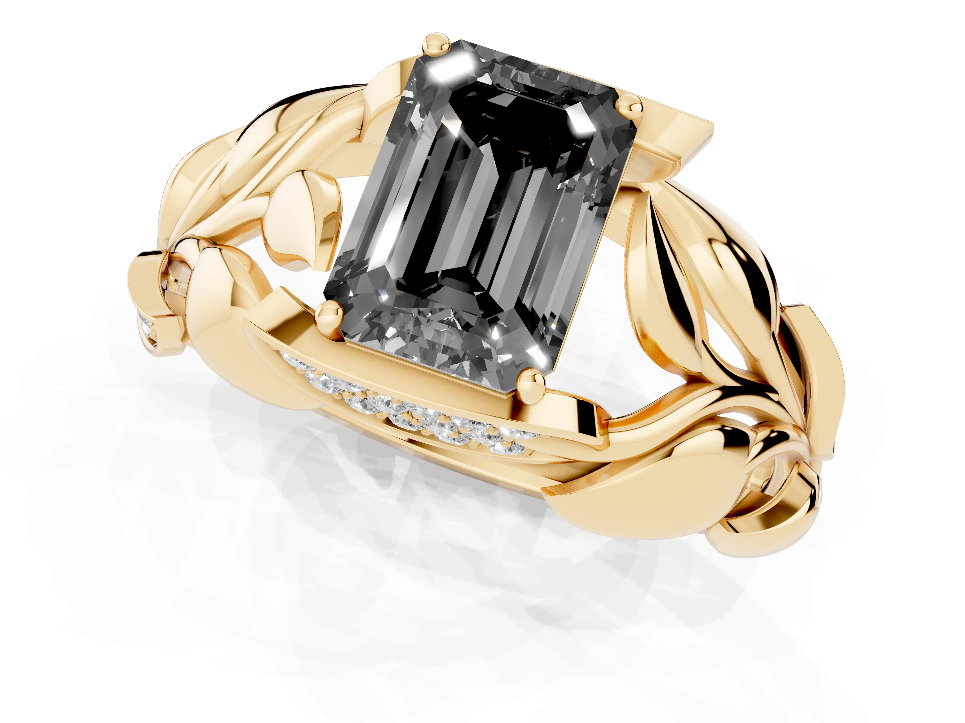 Fancy Black Emerald Cut Diamond Leaf-Inspired Engagement Ring Set in Yellow gold with Round Accents