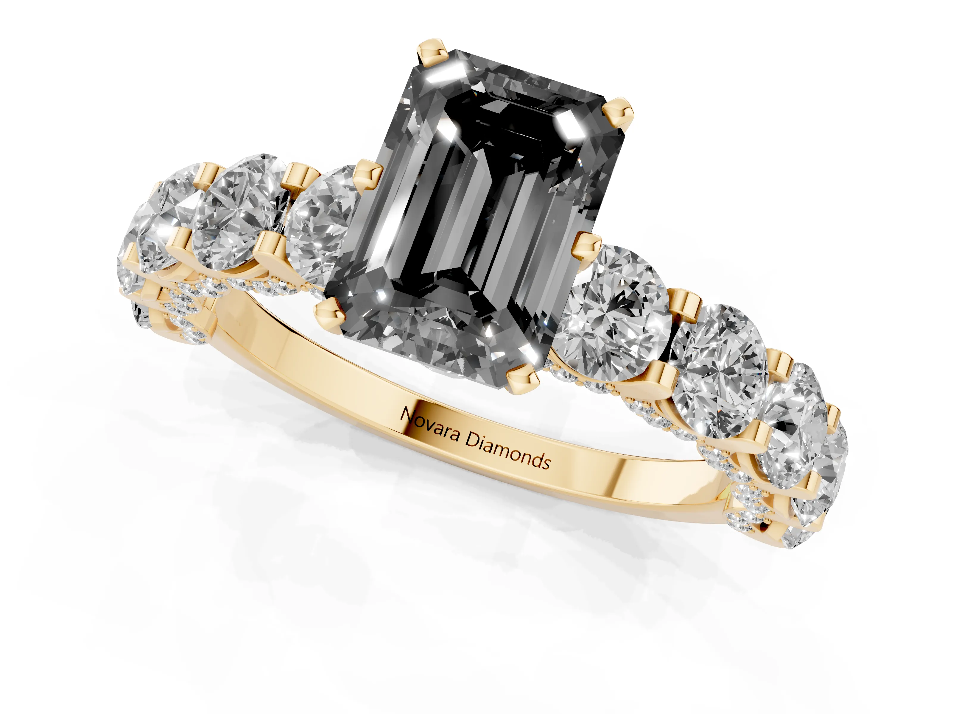 Fancy Black Emerald Cut Diamond Side Stone Ring Set in Yellow gold with Alternating Round and Oval Side Stones