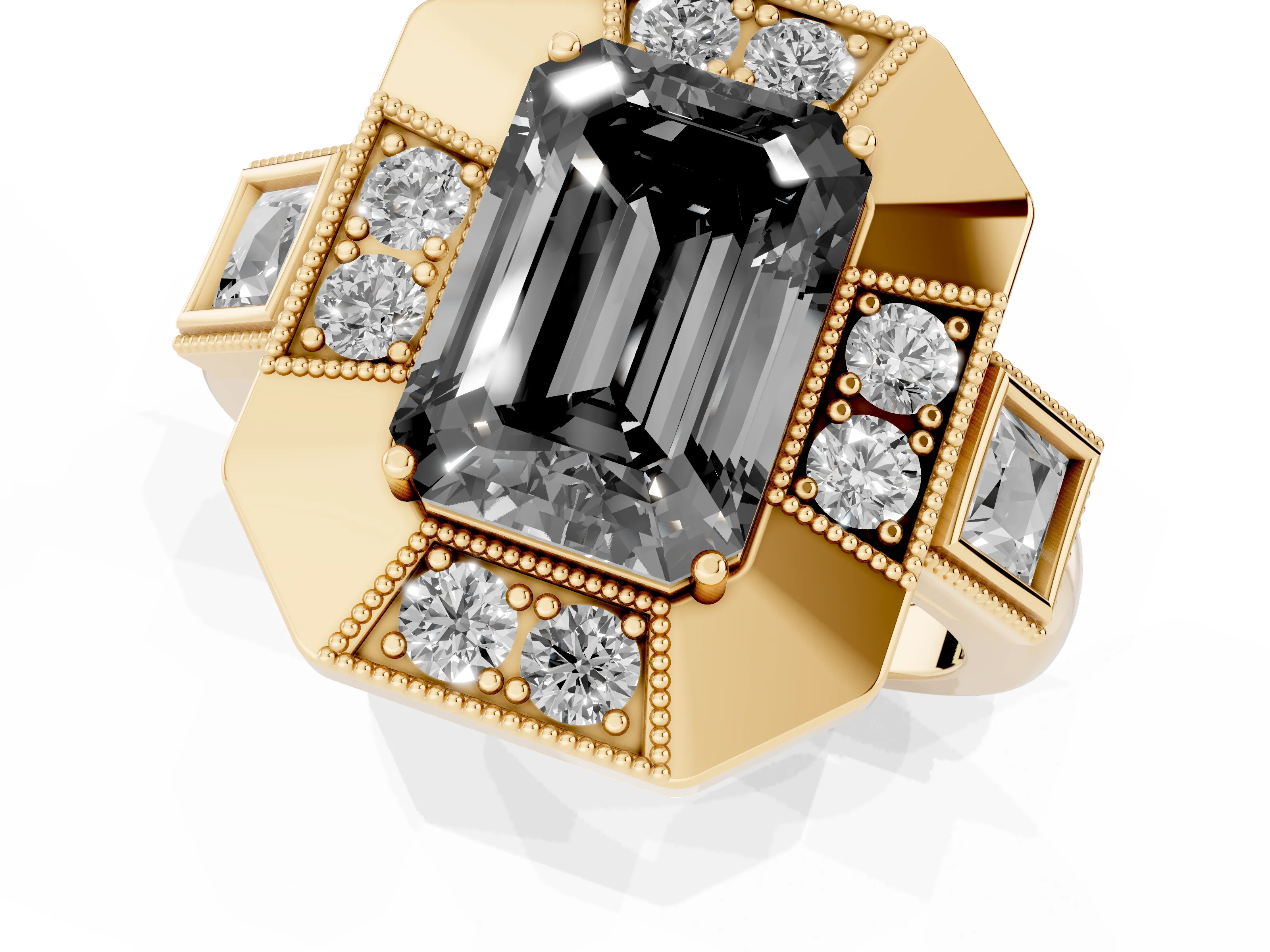 Fancy Black Emerald Cut Diamond Milgrain Halo Ring Set in Yellow gold with Split Shank
