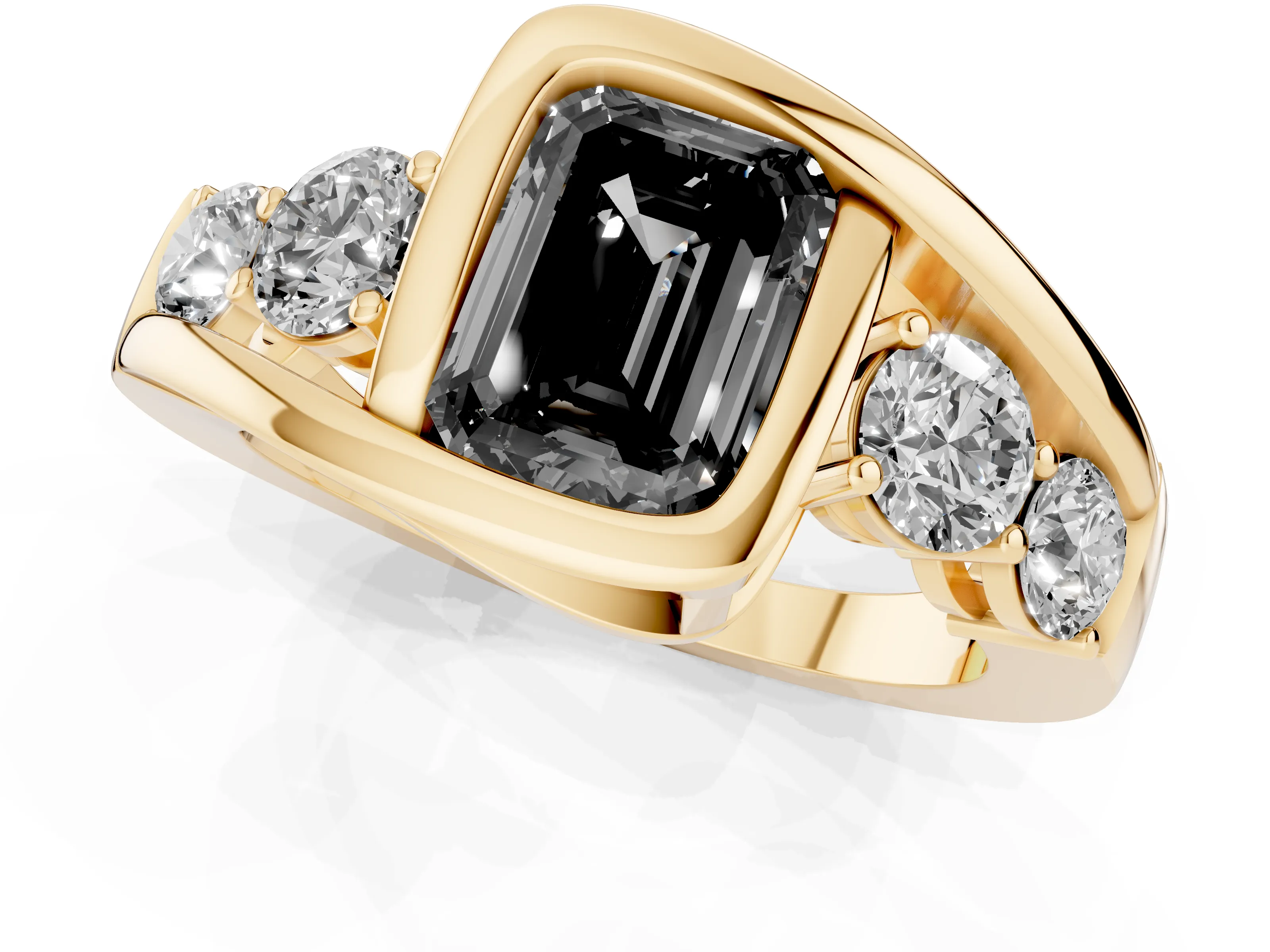 Fancy Black Emerald Cut Diamond Bezel Bypass Ring Set in Yellow gold with Round Accents