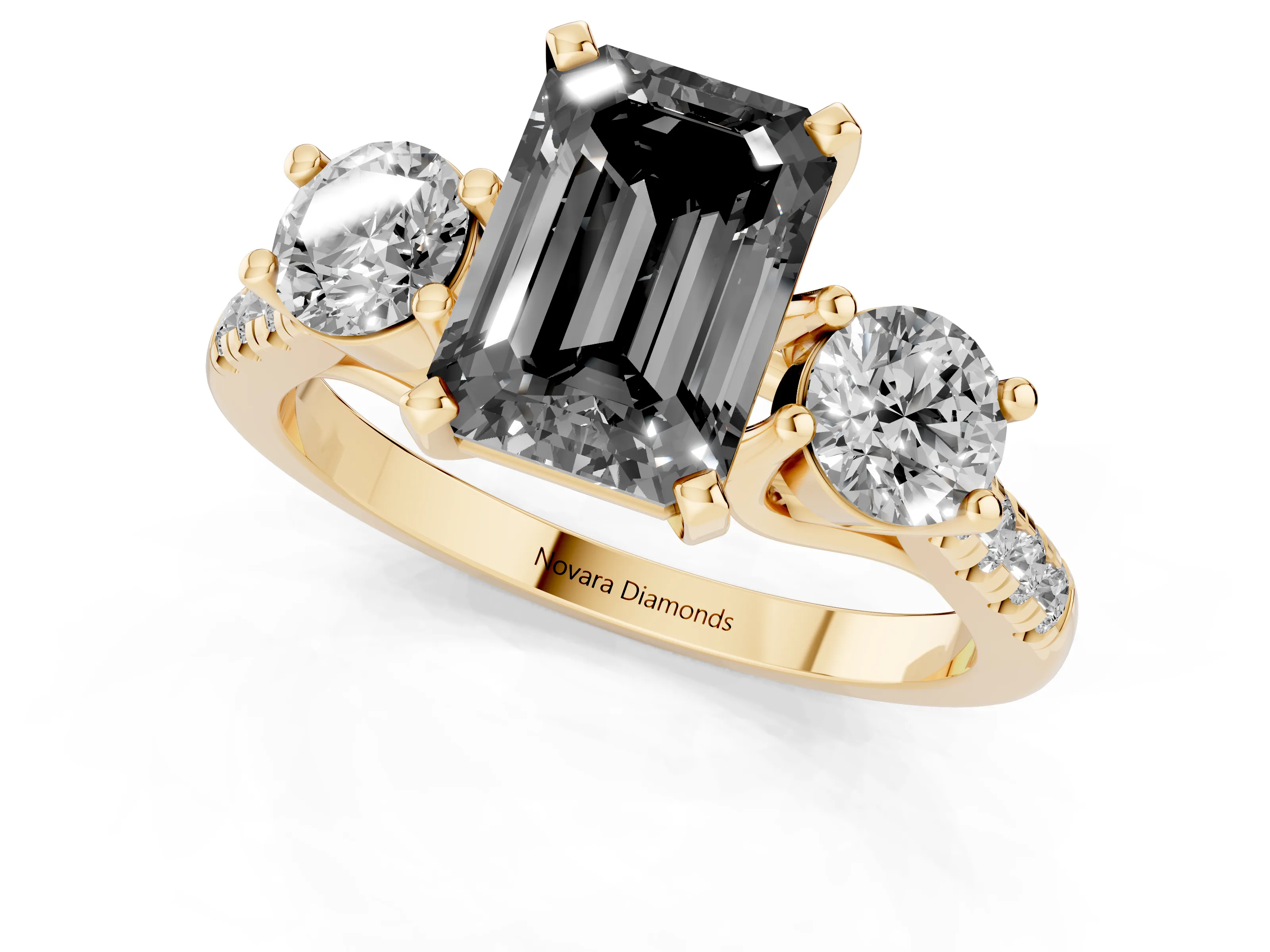 Fancy Black Three-Stone Emerald Cut Diamond Pavé Band Ring Set in Yellow gold with Prong-Set Trio