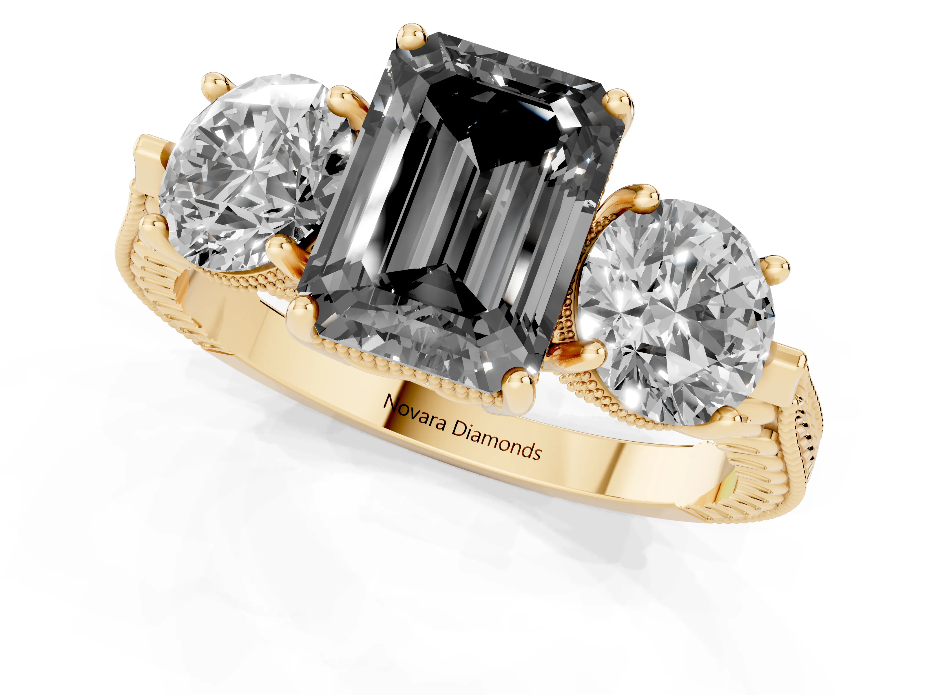 Fancy Black Emerald Cut Diamond Three-Stone Ring Set in Yellow gold with Milgrain Band