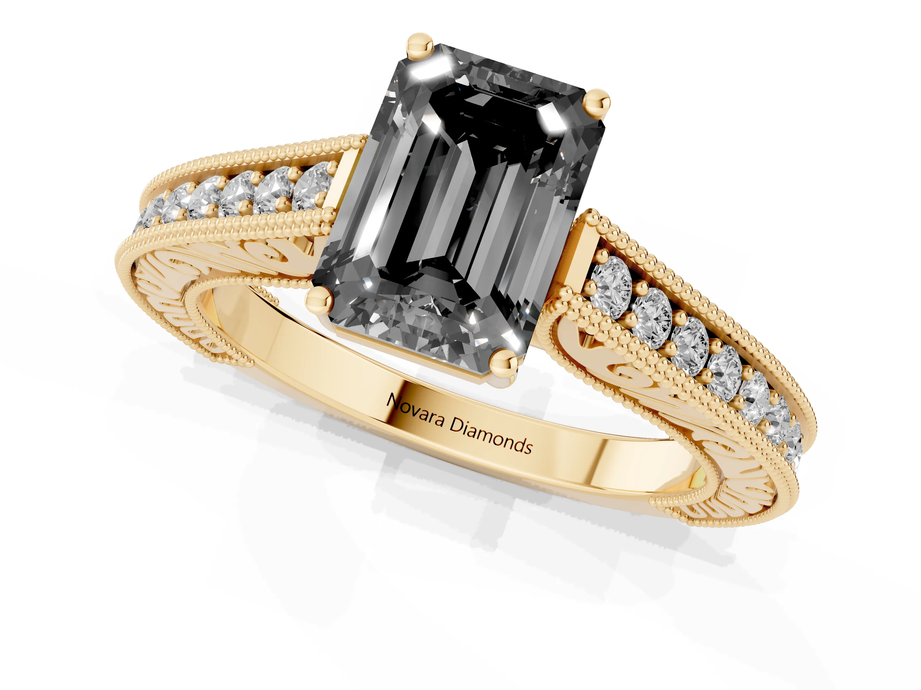 Fancy Black Emerald Cut Diamond Milgrain Pavé Band Solitaire Ring Set in Yellow gold with Prong Setting