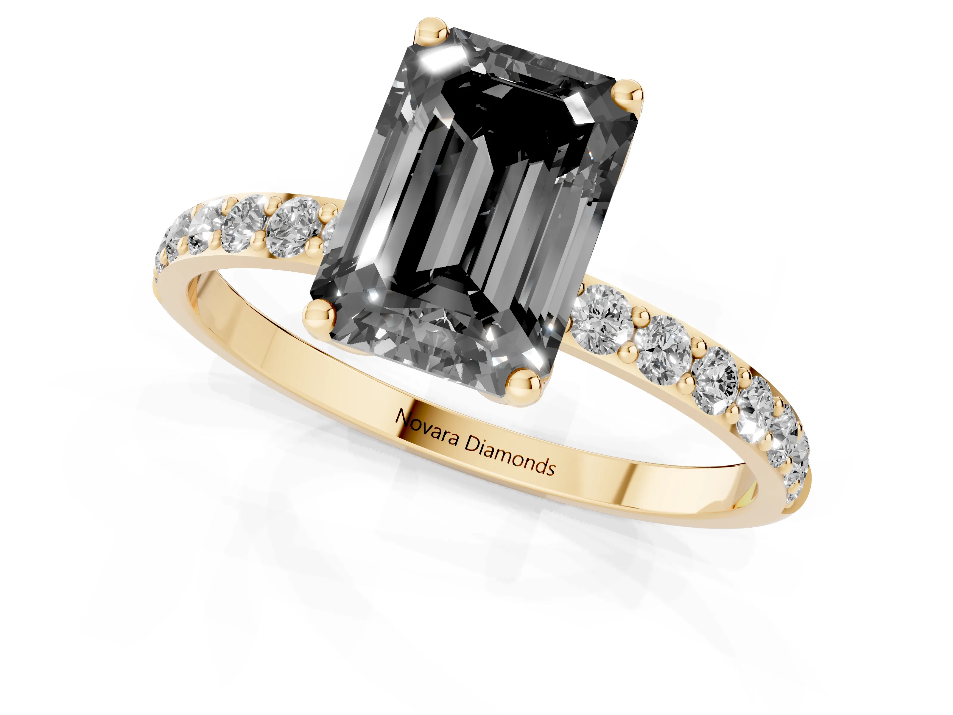 Fancy Black Emerald Cut Diamond Solitaire Engagement Ring Set in Yellow gold with Round Pavé Band and Prong Setting