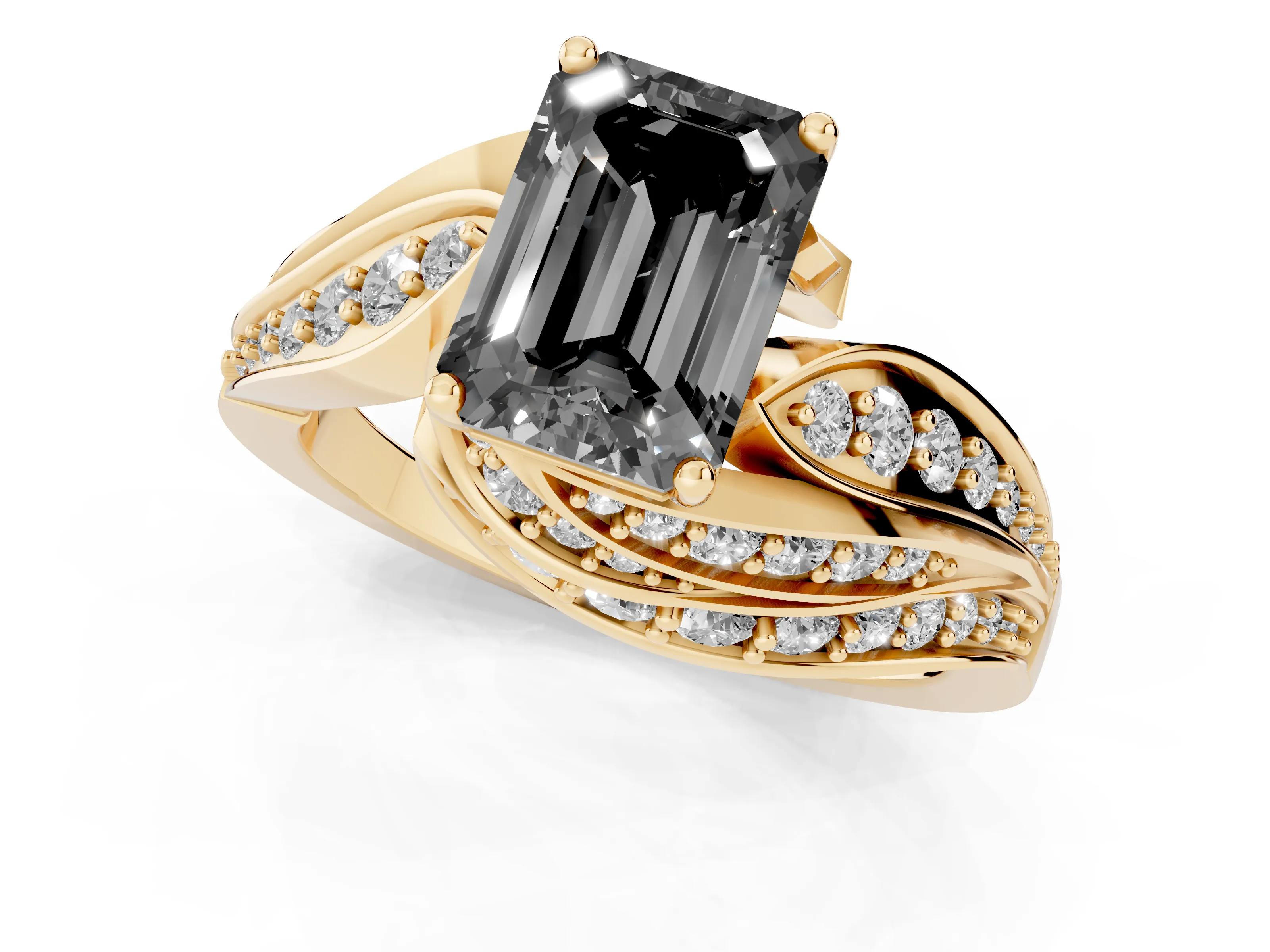 Fancy Black Emerald Cut Diamond Solitaire Ring Set in Yellow gold with Layered Twist Pavé Band