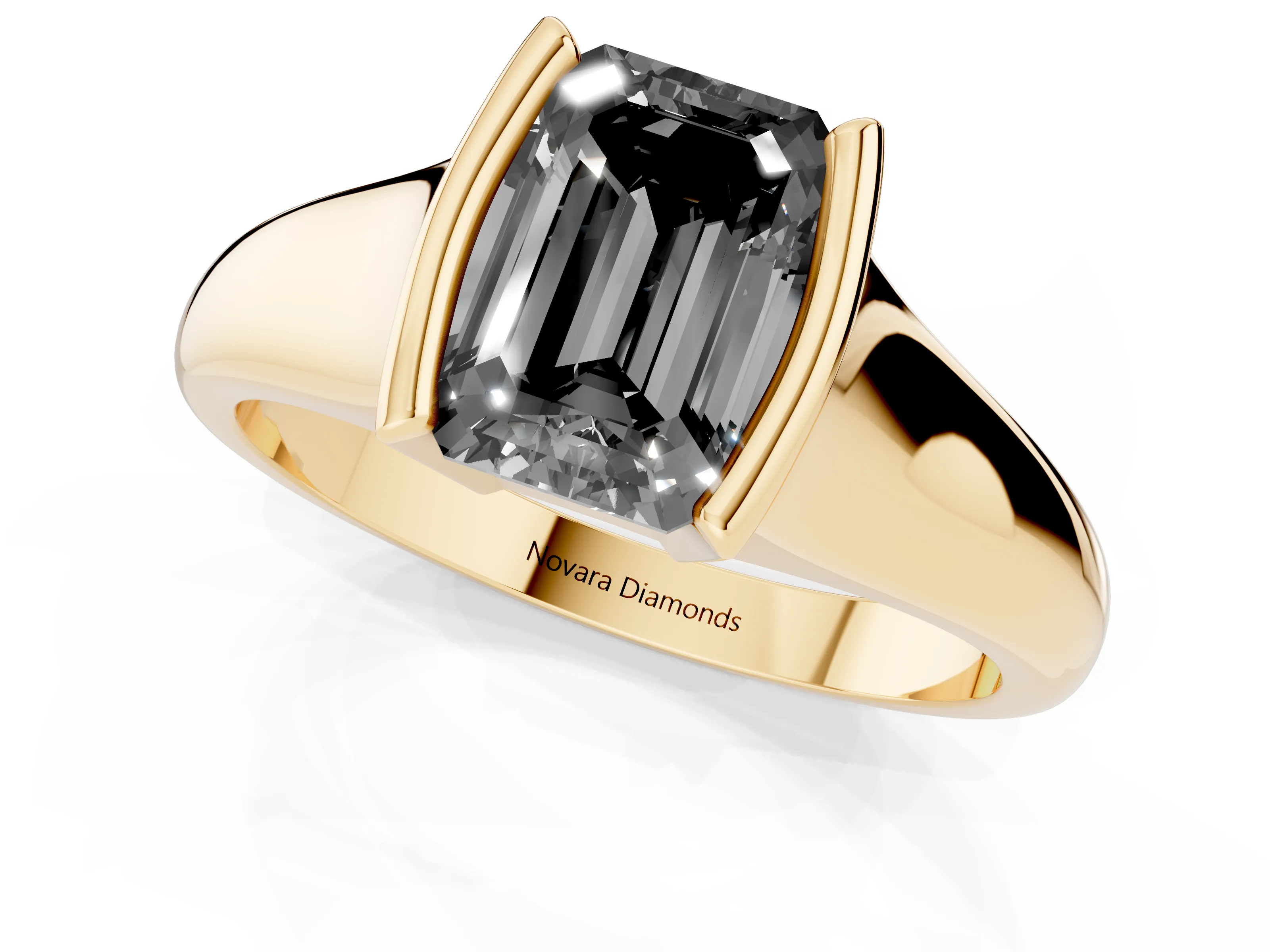 Fancy Black Emerald Cut Diamond Solitaire Tension Set Ring Set in Yellow gold with Split Shank Band
