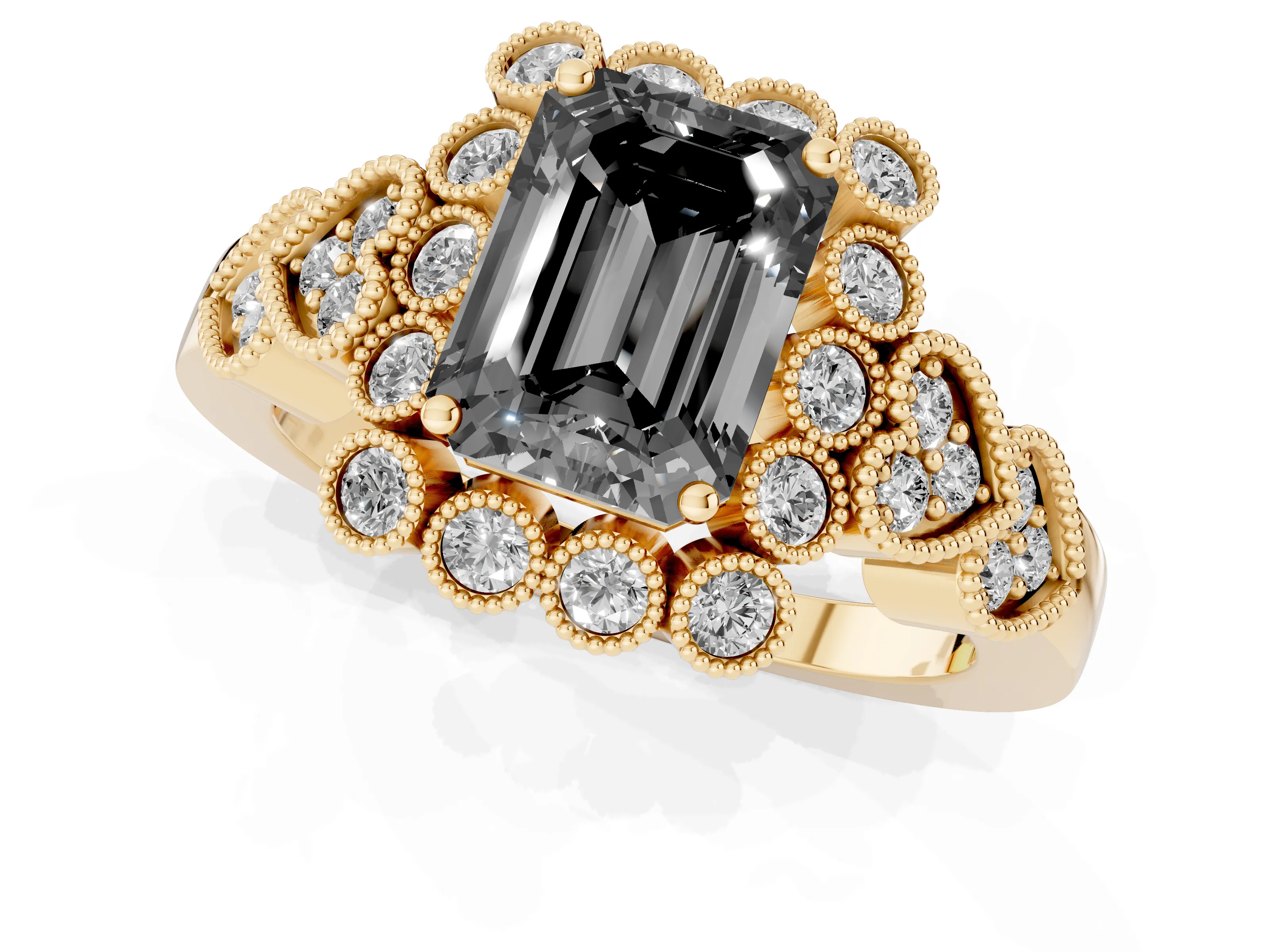 Fancy Black Emerald Cut Diamond Solitaire Ring Set in Yellow gold with Milgrain Pavé Heart Band