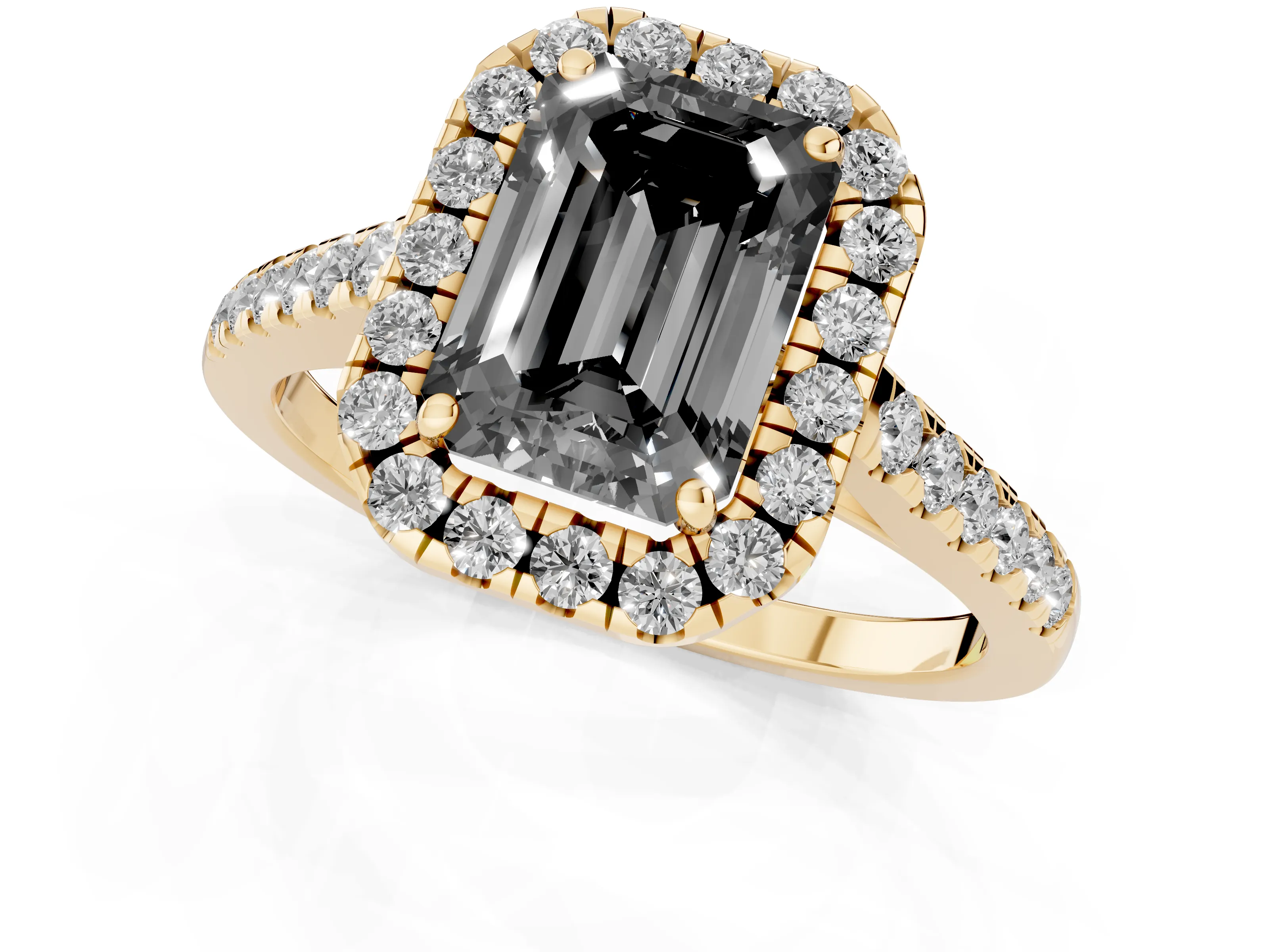 Fancy Black Emerald Cut Diamond Halo Pavé Engagement Ring Set in Yellow gold with Prong Setting
