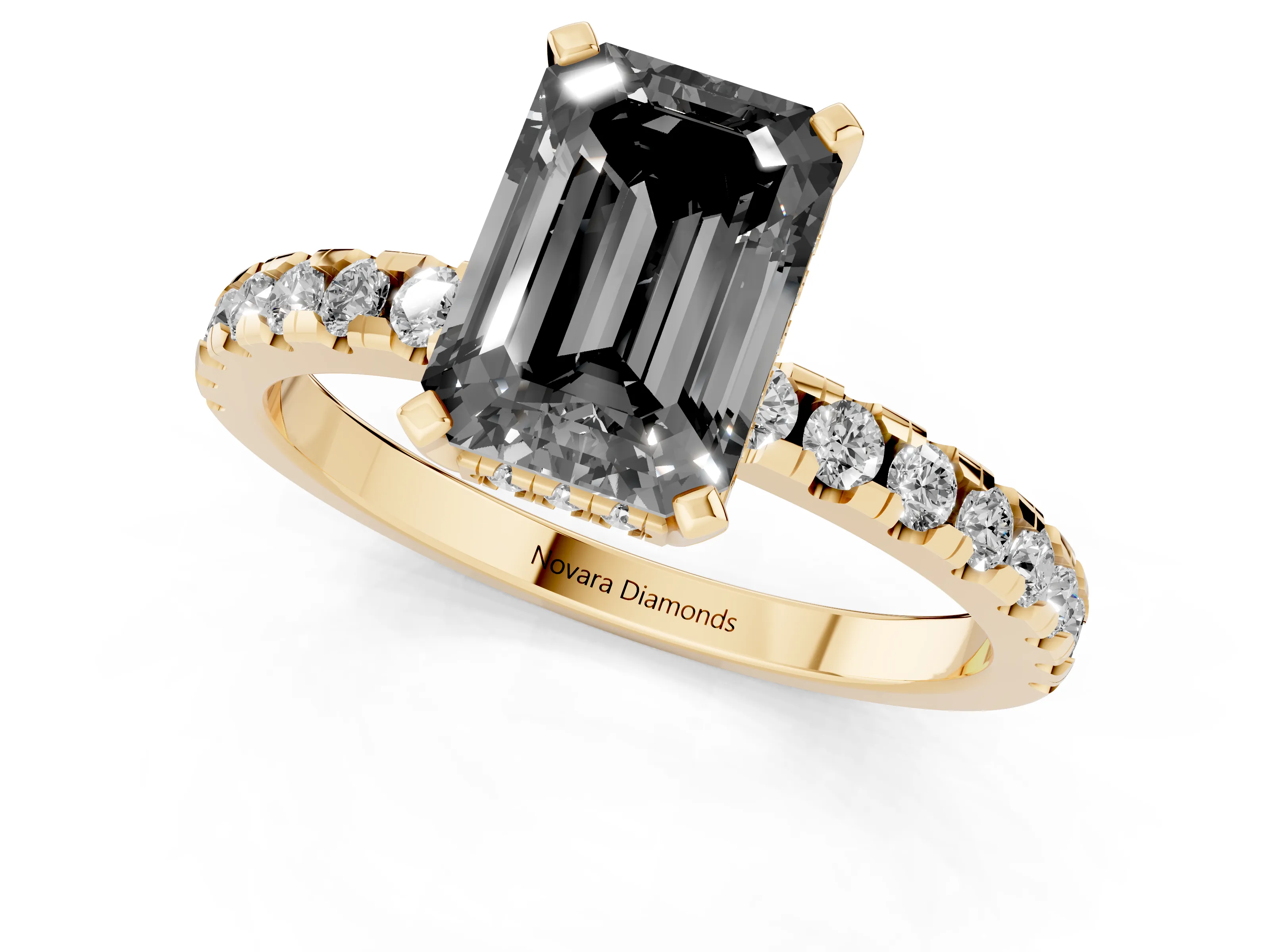 Fancy Black Emerald Cut Diamond Pavé Solitaire Ring Set in Yellow gold with Round Band Accents and Prong Setting