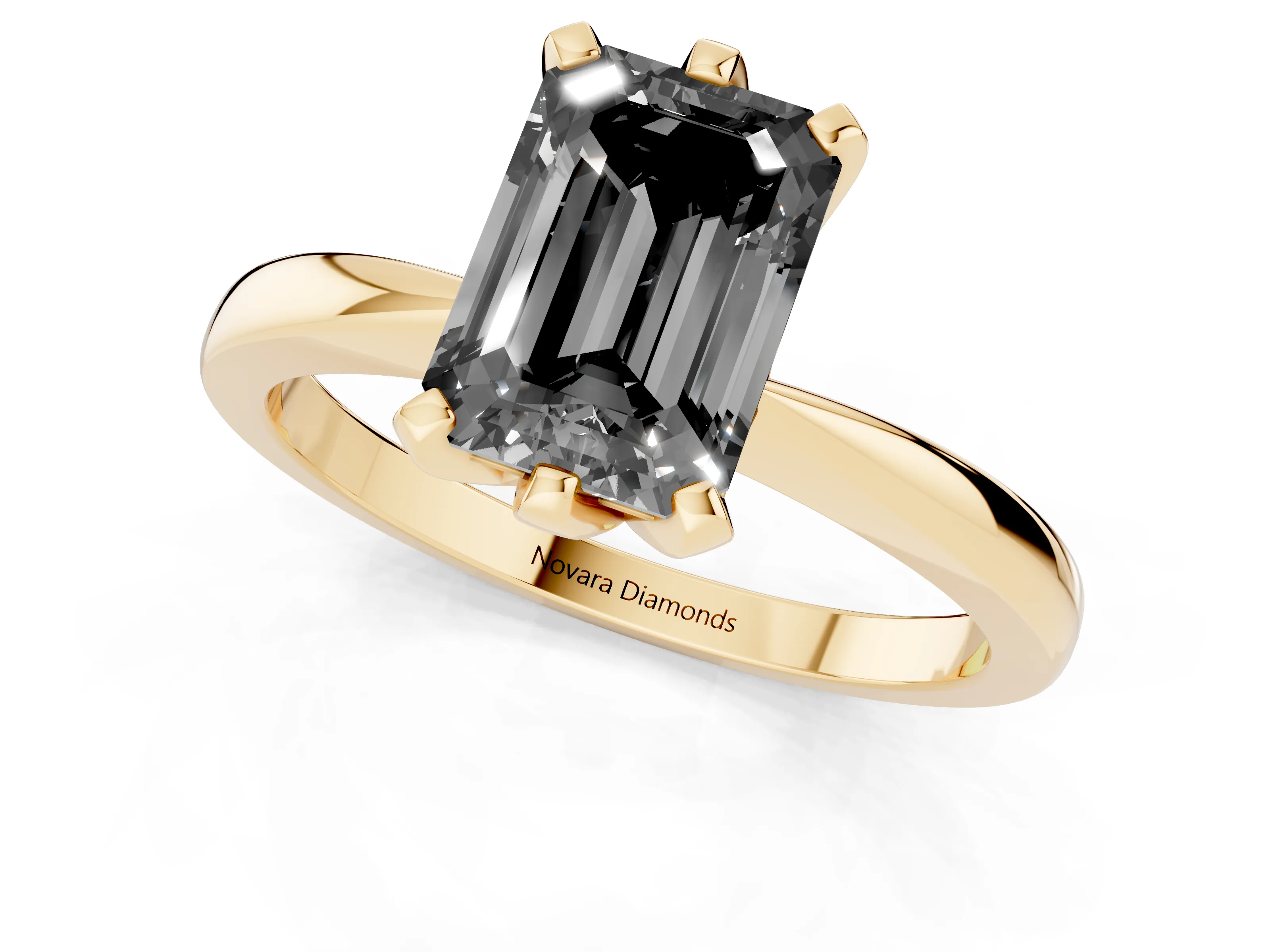 Fancy Black Emerald Cut Diamond Solitaire Engagement Ring Set in Yellow gold with Slim Tapered Solitaire Band