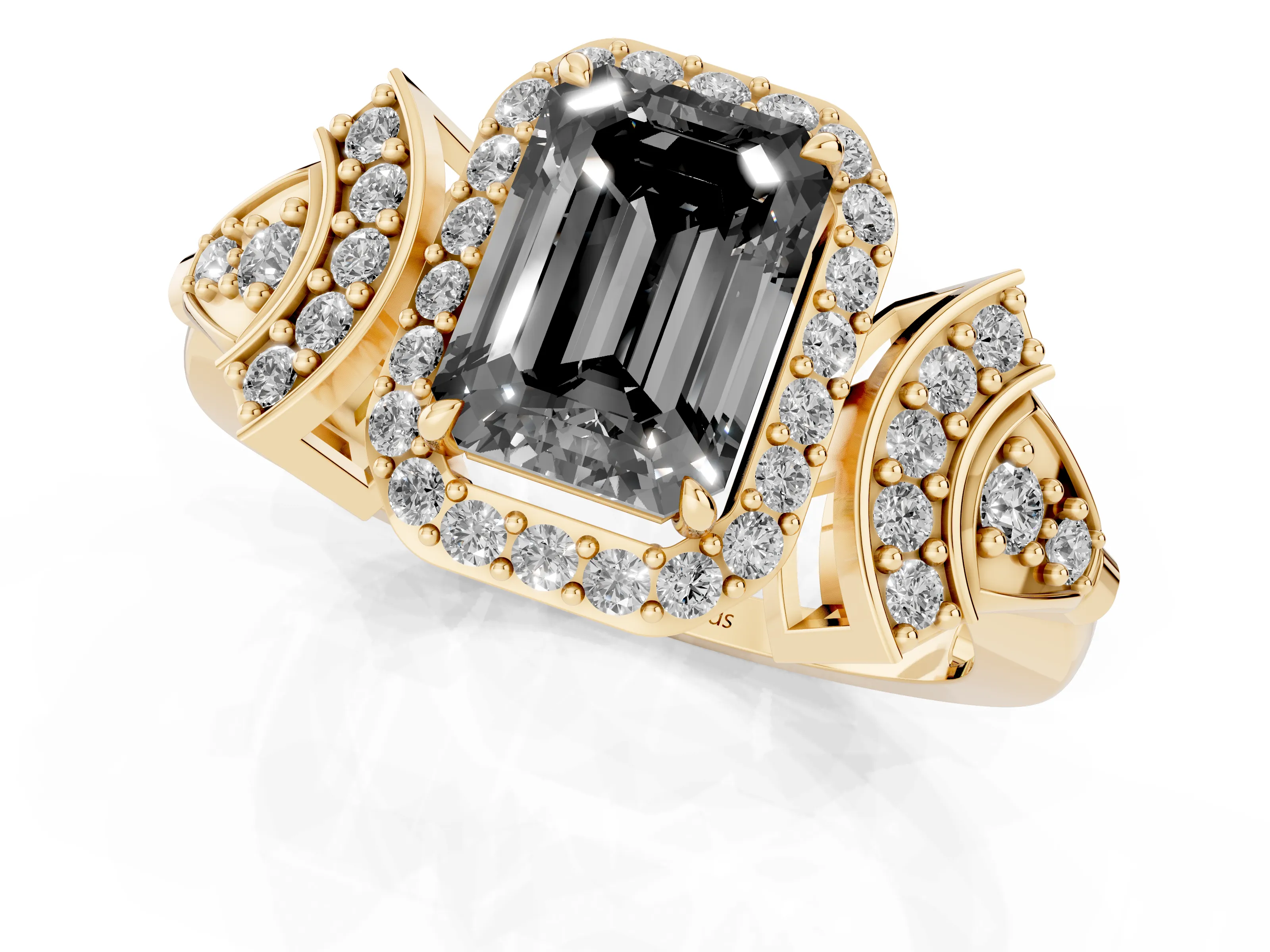 Fancy Black Emerald Cut Diamond Halo Engagement Ring Set in Yellow gold with Accent Stone Split Shank